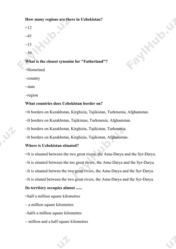 nt was built by people from tashkent and .......... 300 uzbek people and 175 ..... worked together to build the park. =seattle /americans ~chicago/americans ~illinois/americans ~washington/americans which is an ancient city of uzbekistan? =kokand ~angren ~navoiy ~yaypan when the metro was built in tashkent? =1977 ~1868 ~2002 ~1999 who is at the head of the government of uzbekistan? =the president of uzbekistan ~the president of uzbekistan and parliament ~the president of uzbekistan and senate ~the president of uzbekistan and prime minister how many chambers does the parliament of uzbekistan consist of ? = 2 chambers ~ 3chambers ~ 4chambers ~ only 1 when was adopted the constitution of the republic of uzbekistan =on december 8, 1992. ~on december 8, 1991. ~on december 8, 1993. ~on december 7, 1992. what does the goverment consist of? =legislative,executive,judicial bodies ~legislative,executive,judikal bodies ~legislative,executive,judiciel bodies ~legislative,executive,juditial bodies the highest legislative body is.... =oliy majlis ~constitutional …