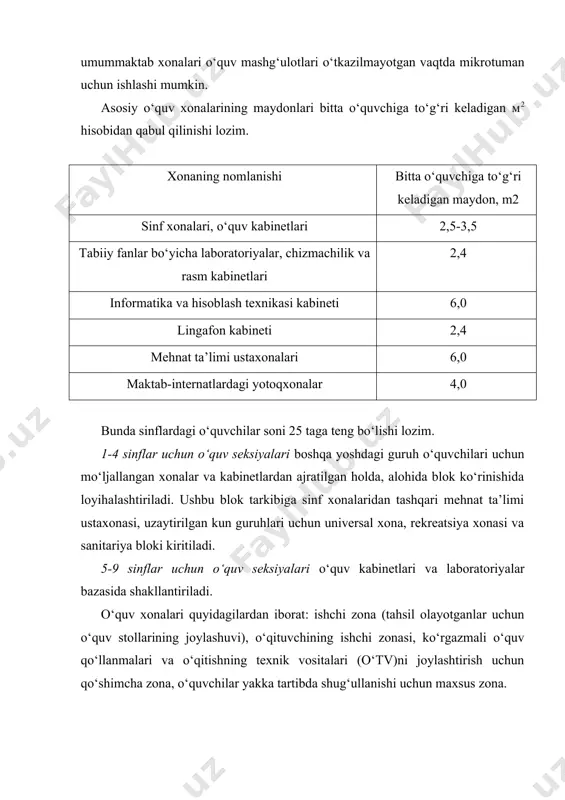 ekreatsiyani zal ko‘rinishidagi variantda loyihalash maqsadga muvofiq hisoblanadi. maktab binolarining kompozitsiyasi quyidagi asosiy turlarda ifodalanadi. maktab binosining pavilon ko‘rinishidagi turi o‘quvchilar yoshini hisobga olib turib birlashtirishning maksimal darajasi ta’minlanishiga imkoniyat yaratadi. bunda bloklarni funksional vazifalar bo‘yicha ajratishga, gigiyenik talablarni maksimal tarzda hisobga olishga erishiladi. pavilon ko‘rinishidagi sxema iqlimi issiq hududlar uchun qo‘llaniladi. maktab binosining markazlashgan-blokli turi amaliyotda keng qo‘llaniladigan namunaviy loyihalarga asoslanadi. maktab binosining perimetrli turi yopiq hovli atrofida shakllantiriladi. umumta’lim muassasasining rivojlangan markazli loyihasi yirik maktablar qurilishida qo‘llaniladi, bu turdagi o‘quv muassasalarining loyihasi o‘quvchilarning darsdan tashqari faoliyatini oqilona tashkil qilish imkoniyatini beradi. ichki hajmi yirik bo‘lgan kompakt (ixcham) turga mansub o‘quv muassasalari. maktab binolarining o‘ta kompakt (ixcham) va rejalashtirilishi o‘zgaruvchan bo‘lgan turi maydonlardan samarali foydalanishni ta’minlab, an’anaviy turdagi maktab binolaridagi yacheykali strukturani o‘zgartirish imkoniyatini beradi. umuman olganda, maktab binolarining kompozitsion rivojlanishida uchta asosiy yo‘nalishni ajratish mumkin: markazlashtirilgan, markazlashtirilmagan, rivojlangan markazli tizim. o‘quv kabinetlarini rejalashtirish variantlari umumfoydalanishdagi internet-markazi xonasidagi kompyuterlarni …