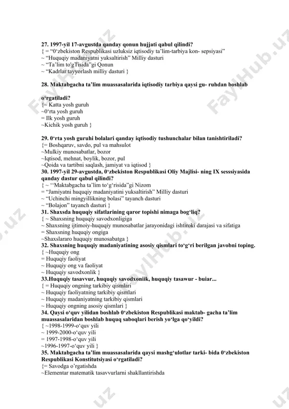 llantirish, san’atdagi, atrofimizdagi go'zallikni his qila olishi } 25.estetik ehtiyoj, estetik qiziqish, estetik ong... tarkibiy qismlari. {~ estetik tarbiyaning ~ estetik rivojlanishning = estetik tarbiyaning ~estetik madaniyatning } 26.aqliy tarbiya mazmuni qanday hujjatda belgilab beriladi { ~maktabgacha ta’lim muassasasida о‘tiladigan mashg‘ulotlar matnida = “ilk qadam” maktabgacha ta’lim muassasasining davlat o‘quv dasturida ~tarbiya jarayonida ~ “bolajon” tayanch dasturida } 27. 1997-yil 17-avgustda qanday qonun hujjati qabul qilindi? { = “0‘zbekiston respublikasi uzluksiz iqtisodiy ta’lim-tarbiya kon- sepsiyasi” ~ “huquqiy madaniyatni yuksaltirish” milliy dasturi ~ “ta’lim to'gtisida”gi qonun ~ “kadrlar tayyorlash milliy dasturi } 28. maktabgacha ta’lim muassasalarida iqtisodiy tarbiya qaysi gu- ruhdan boshlab o‘rgatiladi? {~ katta yosh guruh ~0‘rta yosh guruh = ilk yosh guruh ~kichik yosh guruh } 29. 0‘rta yosh guruhi bolalari qanday iqtisodiy tushunchalar bilan tanishtiriladi? {= boshqaruv, savdo, pul va mahsulot ~mulkiy munosabatlar, bozor ~iqtisod, mehnat, boylik, bozor, pul ~qoida va tartibni saqlash, jamiyat va iqtisod } 30. …