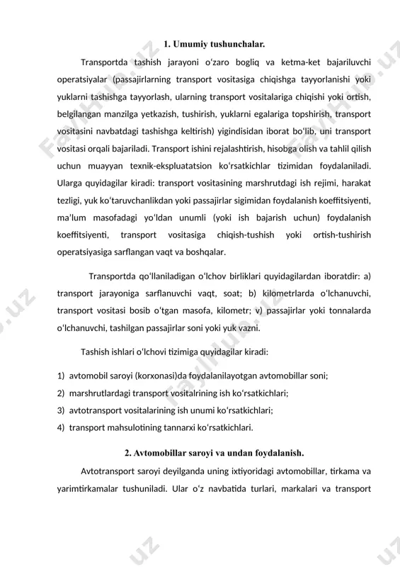 quyidagilar kiradi: 1) avtomobil saroyi (korxonasi)da foydalanilayotgan avtomobillar soni; 2) marshrutlardagi transport vositalrining ish ko‘rsatkichlari; 3) avtotransport vositalarining ish unumi ko‘rsatkichlari; 4) transport mahsulotining tannarxi ko‘rsatkichlari. 2. avtomobillar saroyi va undan foydalanish. avtotransport saroyi deyilganda uning ixtiyoridagi avtomobillar, tirkama va yarimtirkamalar tushuniladi. ular o‘z navbatida turlari, markalari va transport vositalari miqdori bilan xarakterlanib, tashish bilan bogliq ishlab chiqarish dasturini to‘liq bajarishga qaratilgandir. transport vositalarining miqdoriy tavsifi barcha avtotransport saroylari uchun umumiy bo‘lib, quyidagi elementlardan iboratdir: ah-hisobdagi yoki inventar kitobida hisobga turuvchi avtomobillar va tirkamalarni umumiy soni. hisobdagi avtomobillar texnik holatiga ko‘ra ekspluatatsiya qilishga tayyor (ae.t) va kun davomida ta’mirda yoki texnik xizmat ko‘rsatishda turuvchi avtomobillarga (at.t.) bo‘linadi, ya’ni ah ae.t.- at.t. avtomobil transporti saroyining ishga tayyorgarlik darajasini aniqlash uchun, saroyning texnik jihatdan ishga tayyorgarlik koeffitsiyenti ((t) aniqlanishi lozim. (1) avtomobillarning texnik jihatdan ishga tayyorgarlik koeffitsiyenti ulardan qanchalik intensiv (jadal) foydalanish, qabul etilgan txk va ta’mirlash tizimi, korxonada ehtiyot qism va …