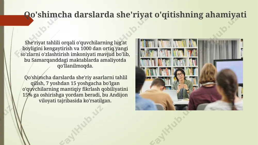 v ko'nikmalarini rivojlantirish andijon viloyatida o'tkazilgan eksperimentda, 3 oy davomida she'riy shakllarni tahlil qilish orqali o'quvchilarning metafora va allegoriya qo'llash ko'nikmalari 2 barobar oshganini ko'rsatdi. toshkent shahridagi 10 ta maktabda o'tkazilgan kuzatuvlar, 8-sinf o'quvchilarining she'rlarni tahlil qilish orqali o'z fikrlarini mantiqiy va aniq ifoda etish qobiliyatlarining 30% ga yaxshilanishini aniqladi. she'rni ifodali o'qish toshkent shahridagi 5 ta maktabda o'tkazilgan eksperimentda, she'rni ifodali o'qish bo'yicha o'quv dasturlariga qo'shimcha 10 soatlik mashg'ulotlar o'quvchilarning badiiy savodxonligini 15% ga oshirgan. andijon viloyati maktablarida she'rni ifodali o'qishni o'rgatishda, 3 ta asosiy metod – intonatsiya, pauza va ohang – dan foydalanish samaradorligi 80% ga yetgan. adabiy asarlarni tahlil qilish ko'nikmalarini rivojlantirish "alisher navoiy" nomli maktabda o'tkazilgan darslarda, 20 ta o'quvchi bilan olib borilgan tajriba shuni ko'rsatdiki, metafora va allegoriya kabi badiiy vositalarni tahlil qilish ko'nikmalari 15-20 soatlik mashg'ulotlardan so'ng sezilarli darajada yaxshilandi. samarqand davlat universiteti o'qituvchilari tomonidan ishlab chiqilgan "adabiy asarlarni tahlil qilish" bo'yicha 3 bosqichli …