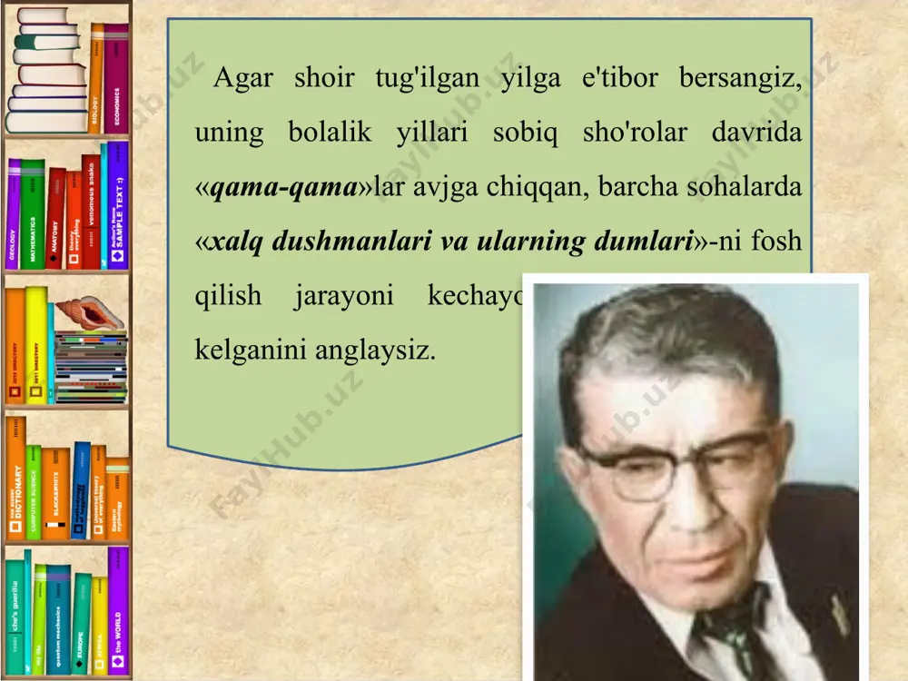 man, kuz kelmay xazon bo'lgan sevgi, guldan bezorman, bahorsiz ham diyorsiz el ichra benazarman — bahor, ketma mening bog'imdan. she'riyatda milliy badiiy tafakkurning noyob jilvalarini namoyish qilgan g'afur g'ulomning «vaqt» she'ri tahlili yodingizda bo'lsa kerak. unda shoirning kichik hayotiy detallardan katta umumlashmalar yasay olish fazilatiga urg'u bergan edik. shoir, tomchida dengiz aks etganidek, lahzada abadiyat suratini chizgan edi. to'ra sulaymonning «iltijo» she'ri, chetdan qaraganda, yil fasllaridan biri - go'zal bahorga bag'ishlangan. she'rning dastlabki bandida, darhaqiqat, kelinchak bahor kelishi bilan tabiatda yuz beradigan o'zgarish va jonlanishlar tasvirlanadi. biroq ikkinchi banddan shoirning bahorga iltijosi tobora kengroq ko'lam, borgan sari chuqurroq mazmun kasb eta boshlaydi. endi bahor bir fasl nomigina emas, balki tansiq tuyg'ular mujassami, ezgulikning ramzi bo'lib gavdalanadi. shoir «bahor, sensiz sahro-yu, tog'-u toshga jon qayda?» - der ekan, bu sahro - beminnat makon qidirib, sargardon kezgan vatangado kimsalarning, tog'-u toshlar — qilmishi qing'ir zotlarning ramziy ifodasi ekanini ilg'aymiz. demak, bu zotlarning …