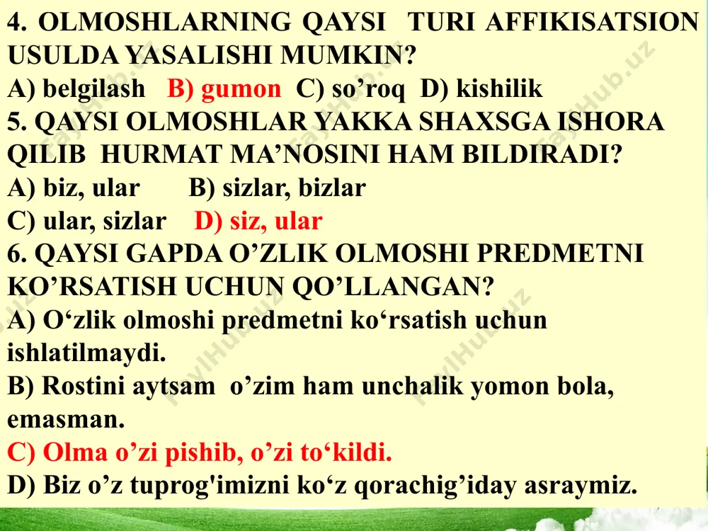 uvchi shakllar shaxs-son shakllari sanaladi. gap kesimi tarkibida edi, emish, ekan kabi to‘liqsiz feʼllar ham ishlatiladi. ular turli maʼnolar uchun xizmat qiladi. salima o‘shanda biroz xafa edi. (o‘tgan zamon maʼnosi) o‘shanda bizga yolg‘on gapirishgan ekan. (keyinroq xabardor bo‘lish maʼnosi) benzinning narxi oshar emish. ertaga natijalar eʼlon qilinar ekan. (birovdan eshitganlik maʼnosi) edi, emish, ekan to‘liqsiz feʼllarini -di, -mish, -kan shaklida ham qo‘llaymiz. masalan: ko‘rardi, ko‘rarmish, ko‘rarkan. -a/-y, -(i)b bilan tugagan fe’llardan keyin kelib, oʼzining mustaqil maʼnolarini yoʼqotgan feʼllar ko‘makchi feʼllar hisoblanadi: ayta olmoq, ko‘rib qolmoq. ular asosiy feʼldan anglashilgan harakat-holatga turli (boshlanish, davomiylik, tugallanish, to‘satdan yuz berish, imkoniyat, tez va oson bajarish, birov uchun bajarish…) yordamchi maʼnolarni qo‘shadi. yetakchi va ko‘makchi fe’llar birikuvidan hosil bo‘lgan birlik bitta so‘z sanaladi. masalan, aytib yubormoq so‘zi. bunda yubormoq koʼmakchi feʼli aytmoq harakatining kutilmaganda roʼy berganini ifodalashga xizmat qilmoqda. boshlamoq, olmoq, bermoq, yubormoq, turmoq, chiqmoq, ko‘rmoq kabi qator feʼllar ko‘makchi feʼl bo‘lib kela oladi. …