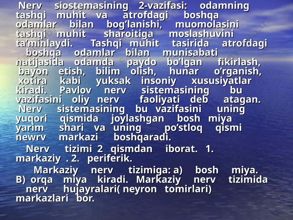 urgan qo’zg’alishdir. dominata odamning ruxiyatiga bog’liq bo’ladi. dominata- bu diqqat aktivlik demakdir. orqa miya: umrtqa kanalida birinchi bo’yin umrqasi bilan ikkinchi bel umurtqasi oralig’ida joylashgan. orqa miyaning ko’ndalang kesigida qo’kl rang modda kapalak shaklida joylashadi, atrofida oq modda bo’ladi. orqa miyada bo’yin, ko’krak, bel, dumg’aza segmentlar joylashgan. orqa miyaning har bir segmenti bir juftdan 31 juft nerv tolasi chiqadi, ular gavda, qo’l, oyoq muskullari va terini nerv bilan ta’minlaydi. orqa miya sklet muskullarini harakat refl;eksini amalga oshiradi (tirsak, tizza, panjalar reflekslari). uzunchoq miya- orqa miyaning davomi. uzunchoq miyada-nafas olish, o’sish, yutish, ter ajratish, so’lak ajratish, aksa urish, yo’talish nerv markazlari bor. miyacha- ikkita yarim shardan iborat bo’lib, muskullari qisqarish va taranglashida ishtirok etadi. o’rta miya- u tepalik plastinkasi va miya oyoqchalaridan tashkil topgan va ko’z soq qismi harakatiga keltiruvchi 4 juft sezuvchi va harakat yadrolari bo’linadi. oraliq miya - o’rta miyaning yuqorisida joylashgan. bunga ko’rish bo’rtiqlari,bo’rtiq qismi va tizzasimon tana …