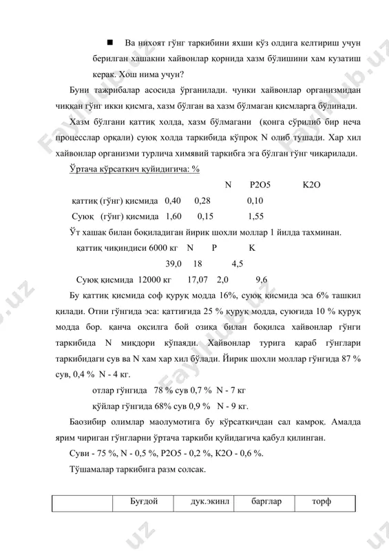4 м қалинлиги 1 м қилиб тепаланади(тракторда) ва кейинчалик янгисини устига босиш билан 1,5 - 2,5 м кўтарилади. сўнг устига қирқилган сосон, торф, хар хил хашак билан беркитиб устига 8 - 15 см қалинликда тупроқ билан шиббаланади. бу тўпламда қишда 20 - 25 0 с атрофида харорат бўлади. бу ерда анайроб бижғиш процесси туфайли гўнг чирийди. бу усулда хамма ёғи берк бўлганлиги туфайли чириш процесси секин кетади. янги гўнгни кўмилганда фақат 3 - 5 ойдан кейингина ярим чирик холатга ўтади. бу усулда сақланган гўнг бошқа усулда сақланган гўнгларга нисбатан анча сифати яхши бўлади. таркибидаги аммиак холдаги азот нисбатан кўп бўлади. 3 - усул ғовак зичлаш - қайноқ (иссиқ) сақлаш (рқхло плотнқй - горячий) усули. бунда янги гўнг 0,8 - 1 м қалинликда тўкилади. бундай усулда хаво етарли бўлганчалиги туфайли микроорганизмлар фаолияти яхши бўлиб гўнг жуда тез чиришни бошлайди ва гўнг харорати 60 - 70 баoзан 75 - 80 0 с …