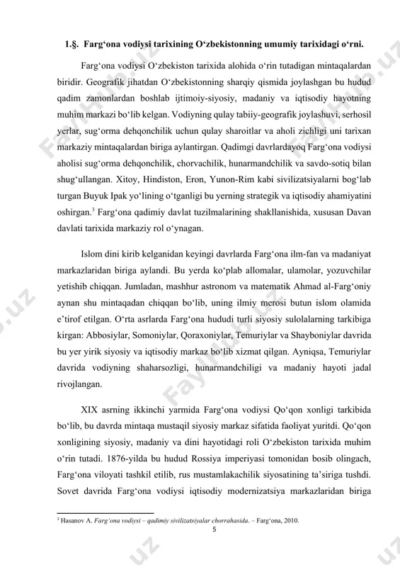 adaniyati va harbiy salohiyat yuqori baholangan. [4: xitoy manbalariga asoslangan: shi ji – sima syan. “qadimgi xitoy tarixidan”. – toshkent: sharq, 1996.] islom davri boshlanganidan so‘ng, farg‘ona vodiysi arab xalifaligining bir qismi bo‘lib, islomiy madaniyat va ilm-fanning yoyilishida muhim rol o‘ynagan. bu davrda vodiyning ko‘plab shaharlarida madrasa, masjid, kutubxona va boshqa ilmiy-ma’rifiy muassasalar barpo etilgan. farg‘onada yetishib chiqqan olimlar, ziyoratgohlar, ilmiy maktablar markaziy osiyo ilmiy va madaniy hayotida muhim o‘rin tutgan. shuningdek, amir temur va temuriylar davrida farg‘ona vodiysi ijtimoiy-iqtisodiy jihatdan rivojlangan hududlardan biri bo‘lgan. temuriylar sulolasiga mansub mashhur sarkarda va yozuvchi zahiriddin muhammad bobur aynan farg‘onada tug‘ilib, bu yerda siyosiy faoliyat boshlagan. bu holat farg‘onaning o‘ziga xos siyosiy ahamiyatga ega bo‘lganidan dalolat beradi. xix asrda farg‘ona vodiysi qo‘qon xonligining yuragi hisoblangan. bu davrda xonlik tomonidan mustahkam markazlashgan boshqaruv tizimi joriy etilgan, yirik shaharlar – qo‘qon, marg‘ilon, andijon va namanganlar hunarmandchilik, savdo va ma’naviy hayot markazlariga aylangan. qo‘qon xonligi orqali …