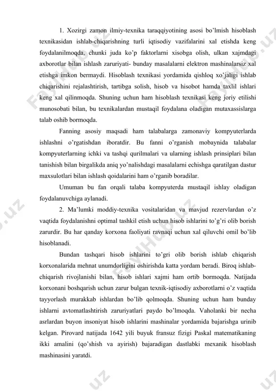 qtida tayyorlash murakkab ishlardan bo’lib qolmoqda. shuning uchun ham bunday ishlarni avtomatlashtirish zaruriyatlari paydo bo’lmoqda. vaholanki bir necha asrlardan buyon insoniyat hisob ishlarini mashinalar yordamida bajarishga urinib kelgan. pirovard natijada 1642 yili buyuk fransuz fizigi paskal matematikaning ikki amalini (qo’shish va ayirish) bajaradigan dastlabki mexanik hisoblash mashinasini yaratdi. hisoblash texnikasining elektron davri 1945 yildan boshlanadi. chunki shu yili dunyoda birinchi bo’lib amerika qo’shma shtatlarida enias nomli elektron hisoblash mashinasi yaratilgandir. uning xotira qurilmasi elektron lampalarga asoslangan bo’lib, boshlang’ich, oraliq hamda dasturlarni saqlash uchun xizmat qilgan. dastur va ma’lumotlarni kiritish uchun perfokartalar, natijalarni olish uchun esa alifbo-sonli bosma ishlatilgan. shundan so’ng izlanishlar natijasida 1971 yili intel firmasi tomonidan birinchi 4004 integral mikrosxema y’ani mikroprosessor yaratilgan. bu mikroprosessor mikrokalkulyatorlarda ishlatishga mo’ljallangan edi. intel firmasining 8080 mikroprosessoriga asoslangan birinchi kompyuter altair-8800 nomi bilan mits firmasi tomonidan ishlab chiqarildi. bu kompyuterlarning xotira xajmi va ish bajarish koeffisenti chegaralangan edi. shunga qaramasdan bu kompyuter boshqa …