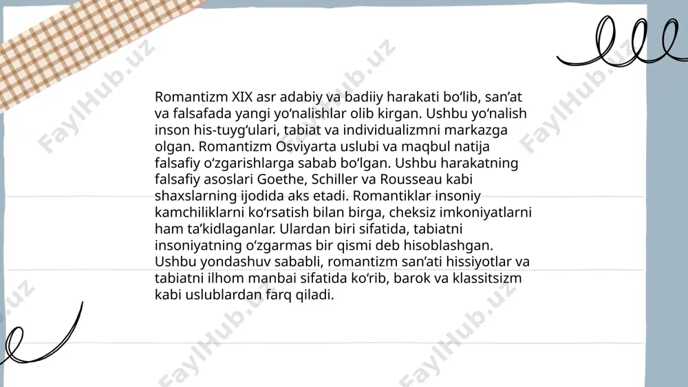 ing boshidan o'rtalarigacha davom etdi. romantik yozuvchilar insoniyat, tabiat va jamiyat o'rtasidagi ziddiyatlarni tasvirlashga qiziqdilar. yozuvchilar, masalan, aleksandr pushkin va viktor gyugo, ushbu to'qnashuvlarni o'z asarlarida tadqiq qildilar. romantizm asarida ko'pincha individning ichki ziddiyatlari, his-tuyg'ular va idealizm bilan real hayotning to'qnashuvi ko'rsatiladi. bu davrdagi konfliktlar insonning erkinlikka bo'lgan intilishini va uni cheklovchi ijtimoiy normalarni tahlil qildi. natijada, romantizmda to'qnashuv va konfliktlar inson tabiatini va jamiyatni chuqurroq tushunishga imkon yaratdi. romantizm metodi tavsifi zulayho ne'matova e'tiboringiz uchun raxmat! image1.png image2.png image3.png /docprops/thumbnail.jpeg
