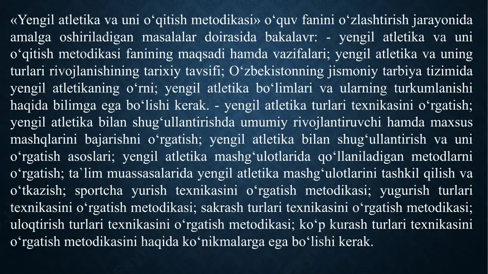 yordamida amalga oshiriladi. sakrash tezlik-kuch sifatlarini rivojlantiradi, insonning har tomonlama kamol topishiga yordam beradi, tezlik, epchillik, chaqqonlik, dovyuraklik, yo’l topish malakasini tarbiyalaydi. irg’itish - bu tezlikka va kuch xususiyatiga ega mashq hisoblanib, undan maqsad snaryadlarni iloji boricha, uzoq masofaga y o ’naltirishdan iborat. irg’itish kuchli, qisqa vaqtli (jadal) kuch ishlatish bilan ifodalanadi. irg’itish bilan shug’ullanish kuchni rivojlantiradi, tezkorlik, epchillik, harakatchanlikni takomillashtiradi. irg’itish-tezlik olish, snaryadni ushlash usuliga qarab: yugurib snaryadni aylantirib turib, disk, to’qmoqni irg’itish, sakrab turib yadro, nayza, granatani, to’pni yugurib turib irg’itish kabi turlarga ajratiladi. ko’pkurash - engil atletikaning bir necha turlaridan tashkil topgan turlaridan biridir. unga kiruvchi turlarni soni bo’yicha ayollar - ettikurashi, erkaklar - o’nkurashi deb ataydilar. engil atletika mashqlari sog’lomlashtirish ahamiyatiga ega. mashg’ulotlar ochiq havoda o’tkaziladi, mashqlar muskullarning barcha guruhlariga ta’sir ko’rsatadi, harakatlanish apparatini mustahkamlaydi, nafas olish va qon-tomir tizimi faoliyatini yaxshilaydi. shunday qilib, engil atletika mashqlari yordamida insonning har tomonlama jismoniy barkamol rivojlanishi masalasi hal …