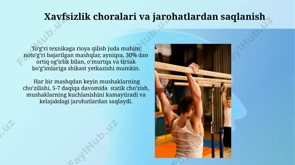 0-30% kuch bilan ishtirok etib, barqarorlikni va harakatlarning aniqligini ta’minlaydi. engil atletika, gimnastika va tortishishning umumiy foydalari ushbu mashq turlari yurak-qon tomir tizimini mustahkamlab, qon bosimini normallashtiradi va 15-20% ga yurak-o'pka faoliyatini yaxshilaydi. engil atletika, gimnastika va tortishish mushaklarning 30 dan ortiq guruhini faollashtirib, umumiy jismoniy kuch va chidamlilikni sezilarli darajada oshiradi. turli xil tortishish usullari: kengligi va ushlash turi pronatsiya (kaftlar oldinga) ushlagichida triceps va latissimus dorsi mushaklari, supinatsiya (kaftlar yuqoriga) ushlagichida esa biceps va brachialis mushaklari kuchliroq ishlaydi. aralash ushlash (bir qo'l pronatsiya, ikkinchisi supinatsiya) mushaklarning muvozanatli rivojlanishiga yordam beradi va qo'shimcha barqarorlikni ta'minlaydi. engil atletika, gimnastika va tortishish texnikalariga kirish gimnastika elementlarini bajarishda, 5-10 darajali qiyinchilikka ega mashqlarni asta-sekin o'zlashtirish, jarohatlarni oldini olishga yordam beradi. tortishish texnikasini o'zlashtirishda, 1-2 hafta davomida to'g'ri texnikaga e'tibor qaratish, keyinchalik takrorlashlar sonini oshirishdan ko'ra muhimroqdir. e'tiboringiz uchun rahmat @taqdimot_robot image2.jpg image3.jpg image4.jpg image5.jpg image6.jpg image7.jpg image8.jpg image9.jpg image10.jpg image11.jpg image12.jpg image13.jpg …