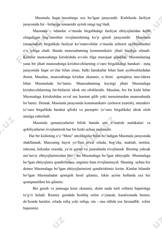 qoniqish hosil qilamiz, lekin ayrim hollarda esa biz qoniqmaslikni his qilamiz. biz guruh va jamoaga kirar ekanmiz, doim unda turli rollarni bajarishga tо‘g‘ri keladi. rasmiy guruhda boshliq rolini о‘ynasak, kasalxonada bemor, dо‘konda haridor, oilada rafiq yoki rafiqa, ota - ona oldida esa farzandlik rolini bajaramiz. muomala psixologiyasi fani psixologiyaning barcha tarmoqlari bilan bog‘liq holda rivojlanadi. jumladan, pedagogik psixologiya bilan uzviy bog‘liq. pedagogik muomalada ta’lim psixologiyasi, tarbiyaning psixologik asoslari, о‘qituvchi va о‘quvchi munosabatlari, о‘qituvchi psixologiyasi, maktablarda ta’lim - tarbiya jarayonlarini boshqarish muhim о‘rinni egallaydi. ijtimoiy psixologiya turli ijtimoiy guruhlar, jamoaning psixik namoyon bо‘lishi, katta guruhlar - jamoalarning kayfiyati, tafakkuri, raqobati kabilarni о‘rganadi. bu masalalarni hal qilishda muomala psixologiyasi katta ahamiyatga ega. boshqaruvda rahbarlarda nutq qobiliyatining rivojlanishi, shuningdek, xodimlar bilan til topa olish uchun muomala psixologiyasini bilish zarur. siyosatchilarda notiqlik mahorati shakllangan bо‘lishi kerak, bunda ularga muomala psixologiyasini yaxshi bilishlari yaqindan yordam beradi. muomala din psixologiyasi uchun ham juda katta ahamiyatga ega. …