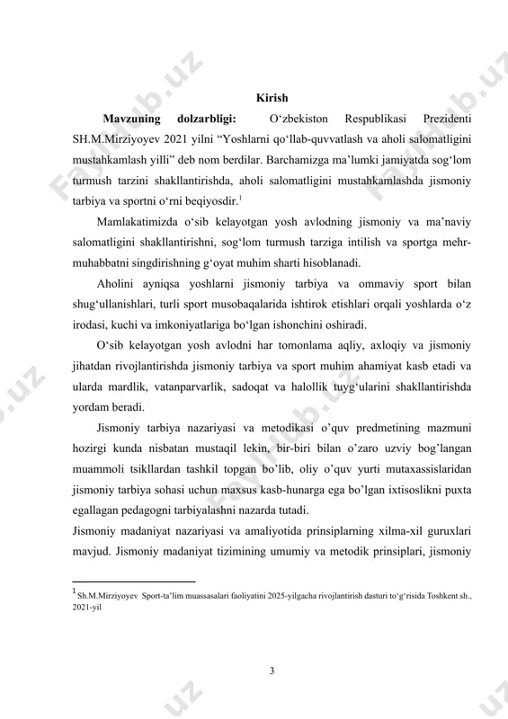 b qaraymiz. kurs ishining vazifasi: jismoniy tarbiya uslubiyoti ma'ruza matnlarida ta'lim muassasalarida jismoniy tarbiya va sport mashg`ulotlarini tashkil etishning mе'yoriy xujjatlari bo`lgan jismoniy tarbiya dasturi, jismoniy tarbiyadan yillik va chorak rеjalar, jismoniy tarbiya darslarining taqvimiy rеjalari, jismoniy tarbiya darslarining bayonlari, jismoniy rivojlanishni va xarakatlarni bajarishni amaliy nazorat qilish mе 'yorlari, sport to`garaklari va musobaqalarining rеjalari, musobaqalarning nizom, dastur va bayonlarini tayyorlash uslublari yoritiladi. . i.bob.maktab yoshidagi bolalar jismoniy tarbiyasi. 1.1.maktab yoshidagi bolalar jismoniy tarbiyasi. kichik maktab yoshidagi bolalarni jismoniy tarbiyalash nazariyasi bola shaxsining shakllanish va jismoniy tarbiyalashning umumiy qonuniyatlarini o’rganadi. bu fan umumiy jismoniy tarbiya nazariyasining g’oyaviy va metodologik asoslaridan kelib chiqadi va uning muhim tarmoqlaridan biri hisoblanadi. jismoniy tarbiya nazariyasi o’quvchilarda jismoniy barkamollikni, har tomonlama taraqqiy etgan yuksak madaniyat va axloqni tarbiyalash bo’yicha ta’lim-tarbiya jarayonlarini ilmiy asosda qurishni belgilaydi. bu amaliy fan o’qituvchisini boshlang’ich sinf o’quvchilari jismoniy barkamolligining vositalari, shakllari va usullari to’g’risidagi bilimlar bilan qurollantiradi, unda maxsus va …