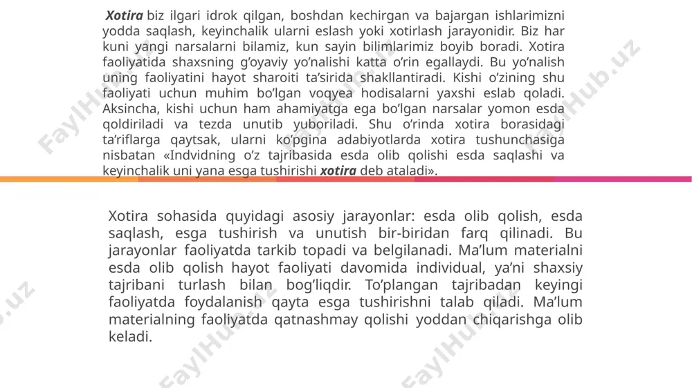 u sifat jihatdan buziladi: bemorga boʻlmagan voqealarni goʻyoki oʻz boshidan kechirgandek tuyuladi, yoki qachonlardir boʻlib oʻtgan voqealarni kecha yoki bugun roʻy bergan deb oʻylaydi (konfabulyatsiya, psevdoreminssensiya), bunday soxta xotiralar kishida jiddiy ruhiy xastaliklar oqibatida kelib chiqadi. s w o t avtomatlashtirilgan harakatlar anglanmagan avtomatizmlar maylning assimilyativ illyuziyalari ongsizlik nazariyasini yaratdi xotira jarayonlaridagi individual farqlar esda qoldirishning tezigida, aniqligida, mustahkamligida va qayta esga tushurishdagi tayerligida ifodalanadi. bu farqlar malum darajada nerv faoliyati tiplarining xususiyatlari bilan qo’zg’alishi va tormozlanish jarayonlarining kuchi va harakatchanligi bilan bog’liqdir, individual farqlar yana shunday hollarda namoyon bo’ladiki, har xil odamlar obrazli mateiallarni, rang tasvir, narsa tovushlarni samarali va mustahkam esda olib qoladilar. e’tboringiz uchun raxmat image9.jpeg image1.jpeg image10.jpeg image11.jpeg image12.jpeg image13.jpeg image14.jpeg image15.jpeg image16.jpeg image17.jpeg image6.jpeg /docprops/thumbnail.jpeg