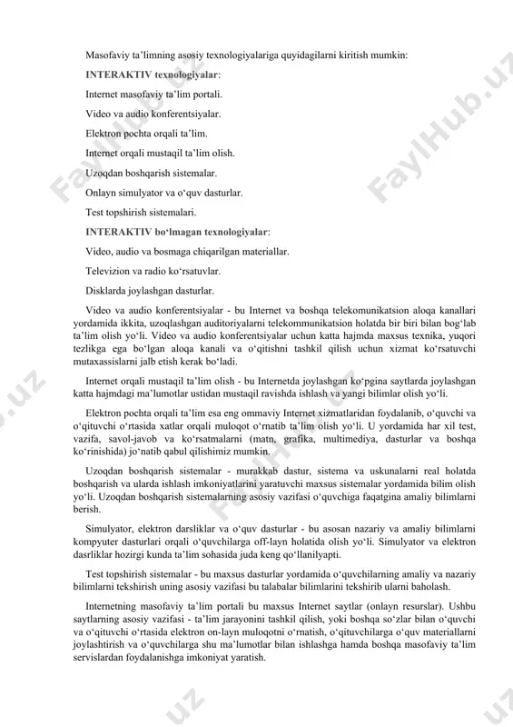 gi ta’limda qatnashmaydi.bu modelga misol qilib aqshning viskonsing universitetidagi va xitoyning markaziy radio va televidenie universitetidagi ta’limni olish mumkin. proyektlar. ushbu model davlat yoki ilmiy izlanish maqsadidagi dasturlarni bajarish uchun yaratiladi. asosiy ish masofaviy ta’lim mutaxassislari va pedagoglar to‘plangan ilmiy-metodik markazga tushadi. ushbu modelda yaratilgan kurslar aholining katta qismiga namoyish qilinib uz vazifasini bajargandan keyin to‘xtatiladi. bu modelga misol qilib afrika, osiyo va lotin amerikadagi rivojlanmagan mamlakatlarida o‘tkazilgan qishloq xujaligi, soliqlar va ekologiya haqidagi o‘tkazilgan har xil kurslar bo‘lishi mumkin. masofaviy ta’limning yutuqlari va kamchiliklari. masofaviy ta’limning metodik, iqtisodiy, sotsial yutuqlar va afzalliklari, hamda kamchilik va salbiy tomonlari mavjud. metodik yutuqlar va afzalliklarga quyidagilarni kiritish mumkin: dars jadvalni qulayligi. o‘quvchi o‘ziga ma’qul bo‘lgan vaqtda o‘quv jarayoniga qatnashishi mumkin. qulay foydalanish manzillari. o‘quvchi internet kafe, uy, mexmonxona, ish joyida va boshqa joylardan o‘quv jarayoniga qatnashishi mumkin. qulay o‘qish tempi. ta’lim, o‘quvchilar yangi bilimlarni tushunish tempida o‘tkaziladi. qulay o‘quv reja. o‘quv rejani …