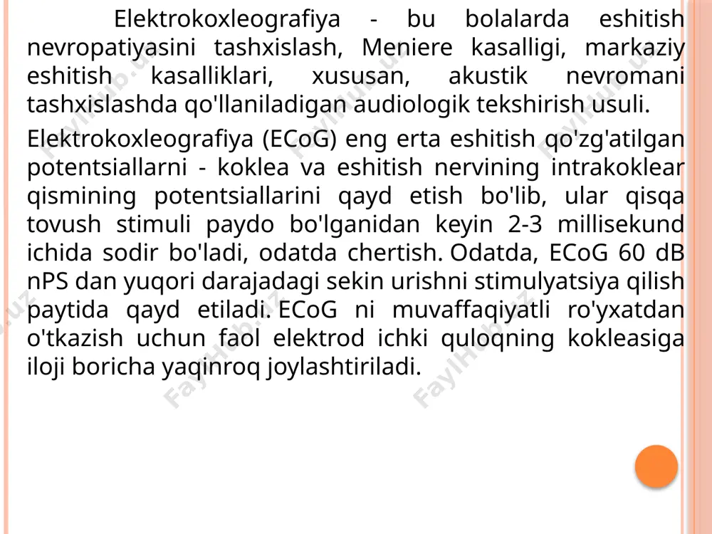 o'lgan quloq shikastlanishi; - quloq pardasi shikastlanishi. ecog ning asosiy afzalligi shundaki, ushbu diagnostika usuli amalda hech qanday kontrendikatsiyaga ega emas. bitta narsa shundaki, agar bemorlarda tashxis paytida ishlatiladigan anestezikaga individual intolerans bo'lsa, ushbu tekshiruvdan o'tish tavsiya etilmaydi tashxis qanday ishlaydi; birinchi navbatda, bemor yon tomonida yotadi, shunda tekshiriladigan quloq tepada bo'ladi. keyin unga kichik elektrod va quloqqa mahkam o'rnatiladigan qo'shimcha shaklida maxsus telefon moslamasi kiritiladi va nihoyat, shifokor kichik elektr impulslarini berishni boshlaydi (u zarar qilmaydi va engil chivin chaqishi kabi ko'rinadi). bemor hech qanday noqulaylik sezmaydi, faqat quloqlarda turli chastotali impulslar tomonidan yaratilgan engil shovqinni his qiladi. tashxis paytida olingan barcha natijalar qayd etiladi va davolovchi shifokor tomonidan tahlil qilinadi. jarayondan so'ng bemor qisqa muddatli reabilitatsiyadan o'tishi kerak. qoida tariqasida, bu 2 soatdan ko'proq vaqtni oladi va protseduradan so'ng deyarli darhol odam o'z ishi bilan shug'ullanishi mumkin. ushbu tadqiqot usulidan ko'zlangan maqsadlar elektrokoxleografiyaning diagnostik ahamiyati quyidagilardan iborat: 1 …