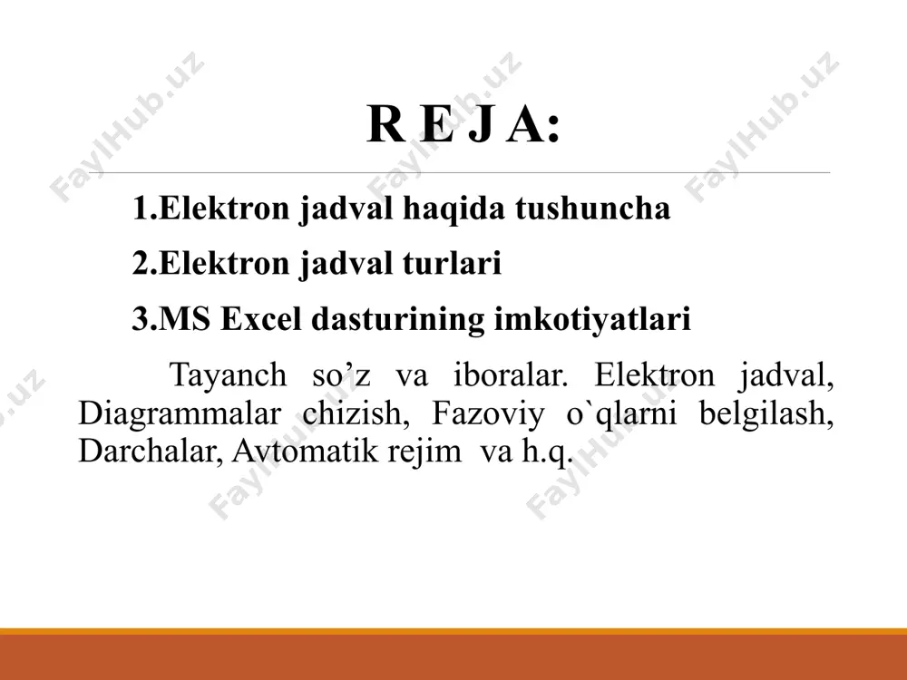 siya masalalarini yechish - ma’lumotlarni statistik qayta ishlash; - slayd-shou yaratish; - makrokomandalar yaratish, ishlash muhitini foydalanuvchi ehtiyojiga moslashtirish va x.k. elektron jadval turlari xozirgi paytda ularning bir necha turlari mavjud: supercalk, quattro pro, lotus 1-2-3 excel shular jumlasidandir. hozirgi paytda eng keng tarqalgan va ishlatiladigan jadval protsessori ms excel bo`lib, u barcha microsoft office turidagi dasturviy ta’minotning ajralmas qismi sifatida keng miqyosda tarqalgan ms excel dasturining turlari excel 1.0, excel 2.0, excel 3.0, excel 5.0, excel 7.0, excel 97, excel 2000, excel 2002, excel 2003, excel 2007, excel 2010, excel 2013, excel 2016, excel 2019 ms excel dasturining imkotiyatlari har doim excel dastursi ishga tushirilganda, avtomatik tarzda book 1 ya’ni “книга 1” nomli yangi ish xujjati hosil bo`ladi. ms excel dasturida yaratilgan hujjat qisqartmasi .xls deb yuritiladi. ishchi menyular windows xp ot ms excel 2003 yilgacha bo’lgan rusumlarida ishchi menyular 9 ta deb ko’rsatilgan. bular. файл, правка, вид, вставка …