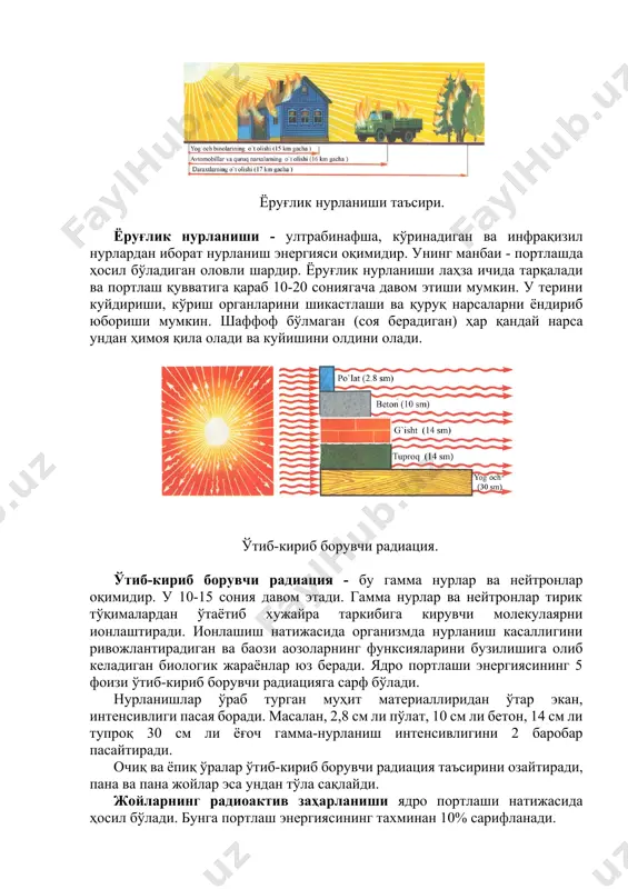 змда нурланиш касаллигини ривожлантирадиган ва баoзи аoзоларнинг функсияларини бузилишига олиб келадиган биологик жараёнлар юз беради. ядро портлаши энергиясининг 5 фоизи ўтиб-кириб борувчи радиацияга сарф бўлади. нурланишлар ўраб турган муҳит материаллиридан ўтар экан, интенсивлиги пасая боради. масалан, 2,8 см ли пўлат, 10 см ли бетон, 14 см ли тупроқ 30 см ли ёғоч гамма-нурланиш интенсивлигини 2 баробар пасайтиради. очиқ ва ёпиқ ўралар ўтиб-кириб борувчи радиация таъсирини озайтиради, пана ва пана жойлар эса ундан тўла сақлайди. жойларнинг радиоактив заҳарланиши ядро портлаши натижасида ҳосил бўлади. бунга портлаш энергиясининг тахминан 10% сарифланади. ядро қуроли ер юзасида портлаганида оловли шар ерга тегади. унинг ичига буғланган тупроқ массалари сўрилади ва тепага кўтарилади. тупроқнинг ва бўлиниш массаларининг буғлари совугач қаттиқ заррачаларга айланади. натижада радиактив булут ҳосил бўлади. у кўп километрли баландликка кўтарилади ва шамол бўйлаб ҳаракат қилади. радиактив заррачалар булутдан ерга тўкилиб радиактив заҳарланиш зонасини пайдо қилади, унинг узунлиги бир неча юз километрни ташкил этиши мумкин. . …