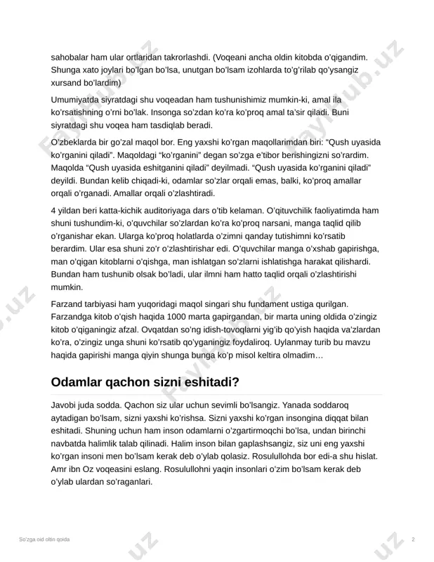 lar va yana sahibalar harakat qilishni istashmaydi. shunda onalarimizdan birlari rosulullohga o’zingiz avval ularga ko’rsating, shunda balki ular ham ortingizdan ergasharlar dedilar. rosululloh shunday qilib o’zlari amalni qilib ko’rsatdilar. boshqa so’zga oid oltin qoida 2 sahobalar ham ular ortlaridan takrorlashdi. (voqeani ancha oldin kitobda o’qigandim. shunga xato joylari bo’lgan bo’lsa, unutgan bo’lsam izohlarda to’g’rilab qo’ysangiz xursand bo’lardim) umumiyatda siyratdagi shu voqeadan ham tushunishimiz mumkin-ki, amal ila ko’rsatishning o’rni bo’lak. insonga so’zdan ko’ra ko’proq amal ta’sir qiladi. buni siyratdagi shu voqea ham tasdiqlab beradi. o’zbeklarda bir go’zal maqol bor. eng yaxshi ko’rgan maqollarimdan biri: “qush uyasida ko’rganini qiladi”. maqoldagi “ko’rganini” degan so’zga e’tibor berishingizni so’rardim. maqolda “qush uyasida eshitganini qiladi” deyilmadi. “qush uyasida ko’rganini qiladi” deyildi. bundan kelib chiqadi-ki, odamlar so’zlar orqali emas, balki, ko’proq amallar orqali o’rganadi. amallar orqali o’zlashtiradi. 4 yildan beri katta-kichik auditoriyaga dars o’tib kelaman. o’qituvchilik faoliyatimda ham shuni tushundim-ki, o’quvchilar so’zlardan ko’ra ko’proq narsani, manga taqlid …