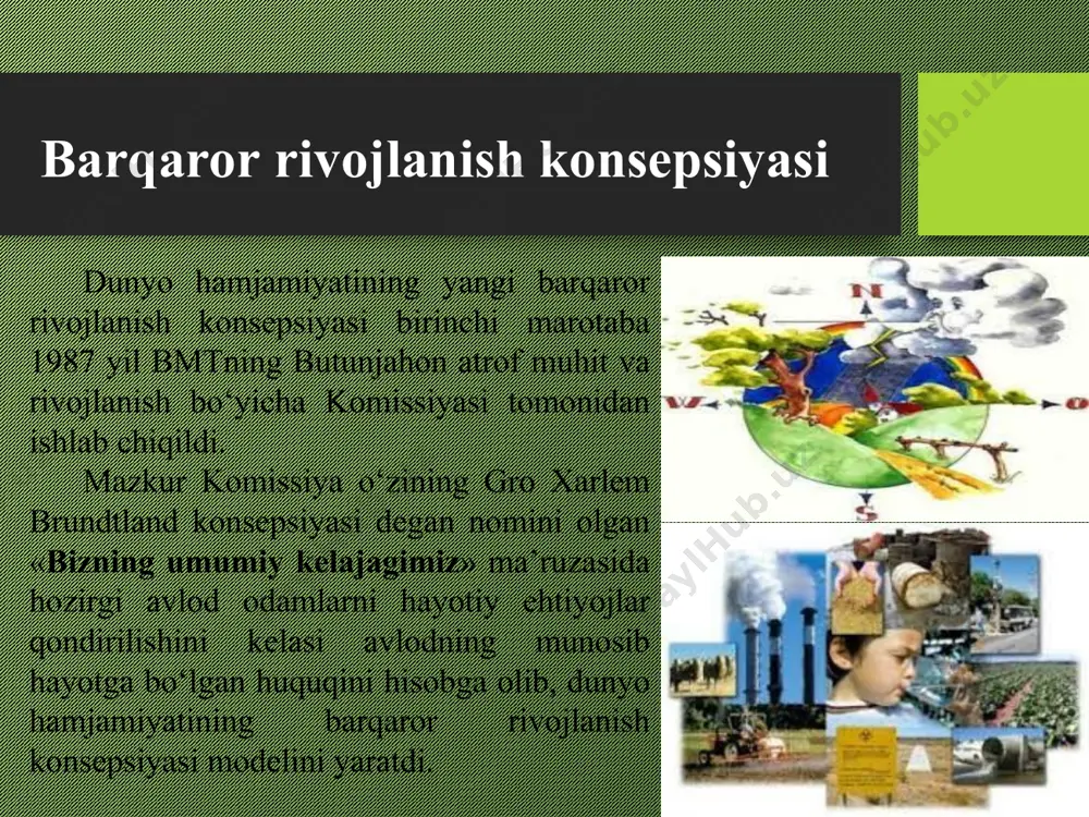 o atrof-muhitni muhofaza qilish dasturi(yunep) tashkilotini shakllantirdi. √ konferensiyaning ochilish kuni (5 iyun) har yili dunyoda butunjahon atrof muhitni muhofaza qilish kuni sifatida nishonlanadigan bо‘ldi. √ stokgolm konferensiyasi qarori bilan butujahon atrof-muhitni muhofaza qilish jamg‘armasi tashkil etildi. jamg‘armaga bmtga a’zo barcha davlatlar badal tо‘lovlarini tо‘lab turish majburiyati yuklandi. yunep dasturining mazmuni va mohiyati butun sayyoramizni qamrab olgan global ekologik muammolami hal etishda barcha mamlakatlar kuchini birlashtirish maqsadida birlashgan millatlar tashkiloti 1972-yilda unep (united nations environment programme - bmtning atrof-muhit dasturi)ga asos soldi. shundan buyon unep atmosfera havosini tozalash, chegaralararo ifloslanishlarning oldini olish, iqlim о‘zgarishi, ozon qatlamini himoya qilish kabi jahonshumul ekologik muammolar bо‘yicha global kurashni muvofiqlashtirish bilan shug‘ullanmoqda. atrof-muhit muhofazasi sohasida eng muhim voqea - 1992 yil 3-14 iyun kunlari braziliyaning rio-de-janeyro shahrida bо‘lib о‘tgan bmtning «atrof-muhit va rivojlanish»ga doir konferensiyasi (amrk) hisoblanadi. chunki, uning ishida dunyoning 170 dan ziyodq, jumladan mustaqil davlatlar hamdо‘stligidan 7 davlat vakillari ishtirok etgan va …