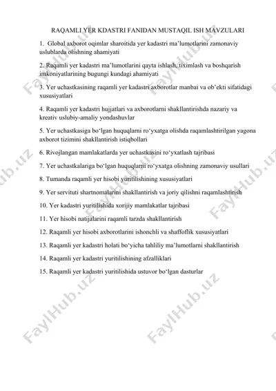raqamli yer kadastri fanidan mustaqil ish mavzulari — DOC