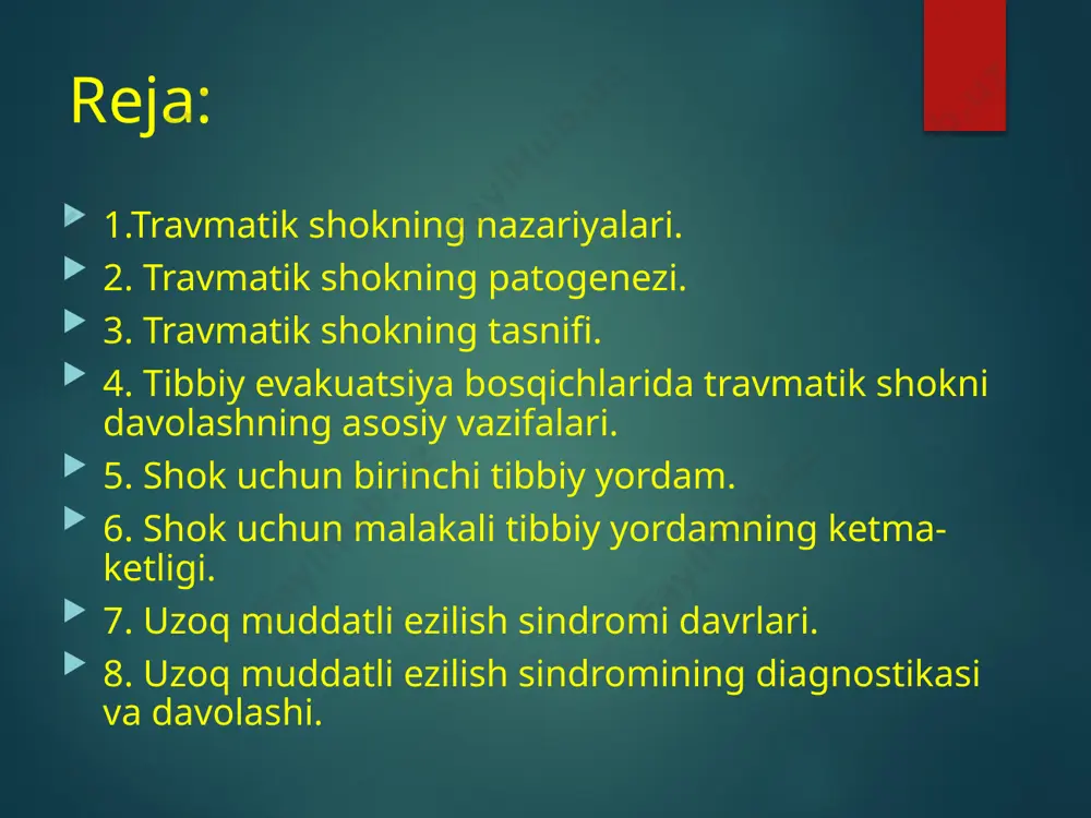 . 2 kaftning maydoni – 20%. 3. chuqur yaralar uchun 1 mushtning maydoni 10% qon yo'qotishiga teng. 4. 2 mushtning maydoni - 20%. yopiq suyak sinishida qon yo'qotish miqdori yelka - 250-400 ml bilaklar - 100-350 ml dumba - 800-1500 ml barabanlar - 400-500 ml buzilgan oyoq to'piqlari - 150 - 200 ml tos suyagi sinishi - 1000-2500 ml 1000 ml gacha bo'lgan amputatsiyalar o'pish printsipi shokning og'irligi sistolik bosim darajasiga to'g'ridan-to'g'ri proportsionaldir 1-darajali - qon bosimi = 90-100 mmhg. 2 daraja - qon bosimi = 75-85 mmhg. 3 daraja - qon bosimi = 70 yoki undan kam mmhg. shok darajasi general davlat ong tana harorati puls tezligi sistolik jahon nafas olish tezligi i - yorug'lik oʻrtacha toza oddiy daqiqada 90-100 mm hg . daqiqada 18-20 ii - o'rtacha og'ir sopor qisqartirilgan daqiqada 110-120 zarba 75-85 mm hg . daqiqada 20-30 iii - og'ir juda og'ir bezovta kamaygan, namlangan , …