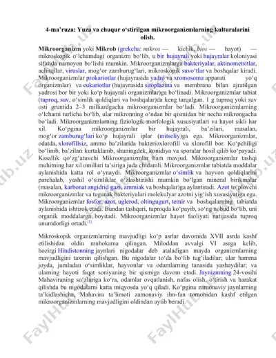 mikroorganizmlar kulturalarini olish — DOCX