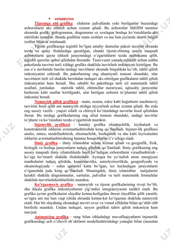 val uning koordinatalari hisoblanadi va mos nuqtalar hosil qilinadi. vektorli grafikaning matematik asosini geometrik figuralarning xosslarini o’rganish tashkil etadi. ma`lumki, nuqta tekislikda 2 ta (x,y) koordinatasi bilan, to’g’ri chiziq uning kanonik ko’rinishi y=kx+b (bunda k va b ixtiyoriy sonlar) da, kesma esa mos ravishda boshlang’ich va oxirgi nuqtasini berish bilan tasvirlanadi. egri chiziqlar ham mos ravishda o’z tenglamalariga ega. vektorli grafika asosan illyustratciyalar yaratish uchun yo’naltirilgandir. vektorli grafika reklama agentliklarida, loyixalash byurolarida, nashriyotlarida va boshqa joylarda keng qo’llaniladi. vektorli grafika bilan ishlaydigan dasturlarga misol sifatida adobe illustrator 7.0, macromedia freehand 8.0 va corel draw 5.0 larni keltirish mumkin. fraktal grafika. fraktal grafika ham hisoblanuvchi grafika bo’lib, uning vektor grafikadan farqi shundaki, unda hech qanday ob`ektlar kompyuter xotirasida saqlanmaydi. chunki tasvirlar tenglamalar yoki ularning tizimlarida hosil qilinadi. shuning uchun ham xotirada tenglamalargina saqlanadi. tenglamalarga oid parametrlar o’zgartirilishi natijasida turli tasvirlar hosil qilinadi. fraktal grafika matematik hisoblashlar asosida tasvirlarni avtomatik yaratish uchun …