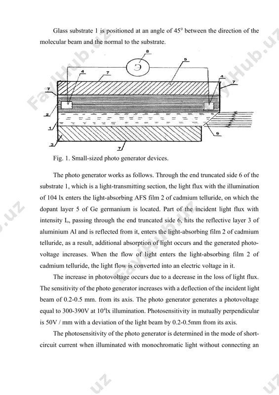 ed at an angle of 450 between the direction of the molecular beam and the normal to the substrate. fig. 1. small-sized photo generator devices. the photo generator works as follows. through the end truncated side 6 of the substrate 1, which is a light-transmitting section, the light flux with the illumination of 104 lx enters the light-absorbing afs film 2 of cadmium telluride, on which the dopant layer 5 of ge germanium is located. part of the incident light flux with intensity io, passing through the end truncated side 6, hits the reflective layer 3 of aluminium al and is reflected from it, enters the light-absorbing film 2 of cadmium telluride, as a result, additional absorption of light occurs and the generated photo-voltage increases. when the flow of light enters the light-absorbing film 2 of cadmium telluride, the light flow is converted into an electric voltage in it. the …