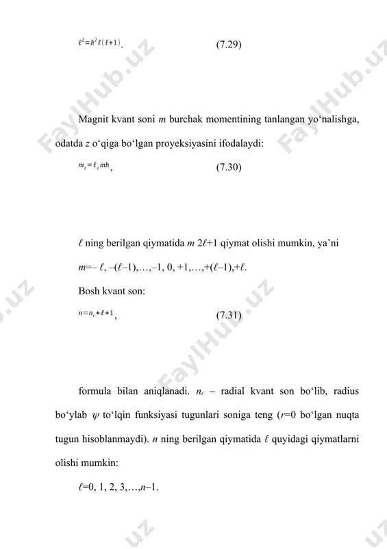 tr maydonini o‘zgartiradi. birinchi yaqinlashishda effektiv yadro maydonini atom markazida joylashgan nuqtaviy zaryad ze nuqtaviy dipolning ustma-ust tushgan maydoni deb qarash mumkin. bunda dipol o‘qi tashqi elektronga qarab yo‘nalgan. shuning uchun tashqi elektronning harakati sferik-simmetrik maydondagi harakat deb qaraladi. bunday maydonning potensial funksiyasi quyidagicha ifodalanadi: , (7.33) bunda s – doimiy kattalik, cze2/r2 hadni asosiy had – ze2/r ga tuzatma deb qarash mumkin. qabul qilingan yaqinlashishda ishqoriy metall atomining vodorodsimon atomdan farqi potensial funksiyaga –c(ze2/r) hadning qo‘shilishidan iborat. statsionar holatdagi shredinger tenglamasi o‘lchami vektor r va , burchaklarga bog‘liq bo‘lishi mumkin. lekin bog‘lanish qanday bo‘lsada, statsionar holatlarda burchak momenti kvadrati bo‘ladi. shuning uchun bunday holda potensial kuch funksiyasi bo‘lgan radial-simmetrik kuch maydoni uchun shredinger tenglamasi quyidagicha ifodalanadi: , (7.34) e – elektronning to‘liq energiyasi, – potensial energiya, – elektronning yadro atrofida aylanishidagi kinetik energiyasi, bu kattalikni markazga intilma energiya ham deyiladi. (3.34) tenglama shredingerning statsionar holatlar uchun yozilgan tenglamasidan farqi …
