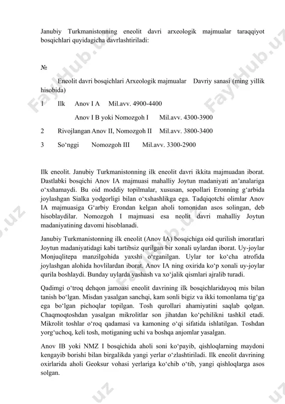 n almashayotganligidan dalolat beradi. bu davrda silindr shaklli muhrlar paydo bo‘lishi dunyoviy hokimiyat tuzilmasining mustahkamlanganligidan dalolat beradi. qadimgi misrda mil. avv. iv ming yillikning oxirida ibodatxona maʼmuriyatini o‘ziga bo‘ysundirgan dunyoviy hokimiyatning mavqei kuchaya borib, dastlabki podsholiklar paydo bo‘ladi. qadimgi shumerda esa bu jarayon mil. avv. iii ming yillikning boshlarida, ilk sulolalar davrida sodir bo‘ladi. o‘rta osiyoning eneolit davri arxeologiyasi. o‘rta osiyoning eneolit davrida ijtimoiy-iqtisodiy taraqqiyoti notekis kechgan. bu davrda mintaqaning ilk sivilizatsiya markazlariga yaqin bo‘lgan chekka janubiy-g‘arbiy qismida va zarafshonning yuqori oqimi hududida sug‘orma dehqonchilik madaniyati zaminida ilk sivilizatsning dastlabki kurtaklari namoyon bo‘lgan bo‘lsa, boshqa joylarida neolit davriga xos ixtisoslashgan o‘zlashtiruvchi xo‘jalik shakllari saqlanib qolgan edi. janubiy turkmanistonda kopetdagdan qoraqumga oqib tushadi bir nechta muvaqqat oqadigan kichik daryo vohalari va ulardan sharqda tajang daryosining quyi oqimi hududida geosur vohasi joylashgan. bu yerlar qadimdan dehqonchilik xo‘jaligini yuritish uchun juda qulay bo‘lgan. bu yerlarda eneolit davriga oid 30 dan ortiq qadimgi manzilgohlar …