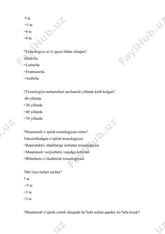 iq =manbalari ?monologik metodni ko’rsating? lektsiya, hikoya, namoyish qilish =individual, guruh, frontal, kollektiv =suhbat =munozara ?bilish jarayoniga alohida ahamiyat berib, insonlarning bilishga bo’lgan intilishlarini keng yoritgan alloma asari bilan ko’rsating? forobiyning “baxt saodatga erishuv” to’g’risida =abdurahmon jomiyning “musiqa” risolasi =alisher navoiyning“maxbub-ul qulub” =abu rayxon beruniy “mas’ud qonuniy” ?“muammoli o’qitish – rivojlanayotgan ta’limning shunday turiki, unda o’quvchilarning muntazam mustaqil izlanuvchi faoliyati ular tomonidan fanning tayyor xulosalarini o’zlashtirish bilan birga uyg’unlashadi” – bu tahrif kimga tegishli. mahmudov m.i =m.a.danilov =ya.a.komenskiy =saidaxmedov n.s ?blum taksonomiyasida ta’lim maqsadlarining asosiy tushunchalari nechta? 6 tа =5 tа =7 ta =8 ta ?chiqarmoq, ajratish, tabaqalashtirish, tasniflash, oldindan aytish, bo’lib chiqmoq, taqsimlash tekshirmoq analiz =bilish =sintez =baholash ?ixtiro qilmoq, umumlashtirish, birlashtirish, rejalashtirish, ishlab chiqmoq, tizimlashtirmok, birlashtirmoq, tuzmoq, yaratmoq, loyihalashtirmoq qaysi tushunchaga kiradi? sintez =qo’llash =baholash =tushunish ?dalil keltirmoq, almashtirmoq, oydinlashtirmoq, belgilamoq, tushuntirmoq, o’tkazmoq, aylantirmoq, ko’rsatmoq, sharxlamoq, ochmoq qaysi tushunchaga kiradi? tushunish =sintez =analiz =bilish ?birinchi prezidentimz i. a. …