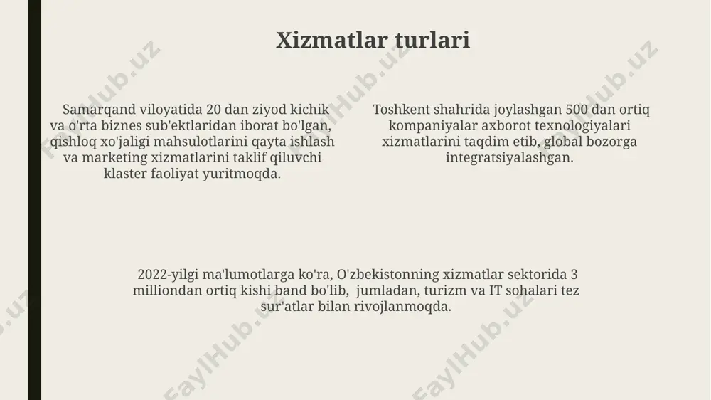 loq xo'jaligi mahsulotlarini qayta ishlash, masalan, 2023 yilda 3 million tonnadan ortiq g'o'zani qayta ishlash, mamlakatning oziq-ovqat xavfsizligini ta'minlashda muhim rol o'ynaydi va 20 dan ortiq viloyatlarda amalga oshiriladi. ishlab chiqarish va xizmatlarning raqobatdoshligi yaponiyaning avtomobilsozlik sanoati va zamonaviy xizmatlar infratuzilmasi o'rtasidagi muvozanat 2023-yilga kelib mamlakatning jahon bozorida 15% ga yaqin bo'lgan ulushini ta'minladi, bu esa ishlab chiqarish va xizmatlarning o'zaro bog'liqligiga misol bo'ladi. 2022-yilda xitoyning ishlab chiqarish sektoridagi ulushi global bozorda 28% ga yetdi, bu esa jahon miqyosida xizmatlar sohasiga nisbatan sezilarli raqobatbardoshlikni ko'rsatadi. germaniyaning yuqori texnologiyali mahsulotlar ishlab chiqarishdagi innovatsiyalari va 4.0 sanoat inqilobi texnologiyalaridan foydalanishi uning xizmatlar sohasiga nisbatan yuqori raqobatbardoshligini ta'minlaydi. ishlab chiqarish jarayonlari toshkent shahridagi to‘qimachilik korxonalarida 300 dan ortiq turdagi mato ishlab chiqarilib, 80% dan ortig‘i eksportga yo‘naltiriladi, bu esa mamlakat iqtisodiyotining muhim qismini tashkil qiladi. o‘zbekistonning avtomobilsozlik sanoati, 2022-yilda 150 mingdan ortiq avtomobil ishlab chiqarishga erishgan holda, andijon viloyatida joylashgan zavodlarda asosan yig‘ish …