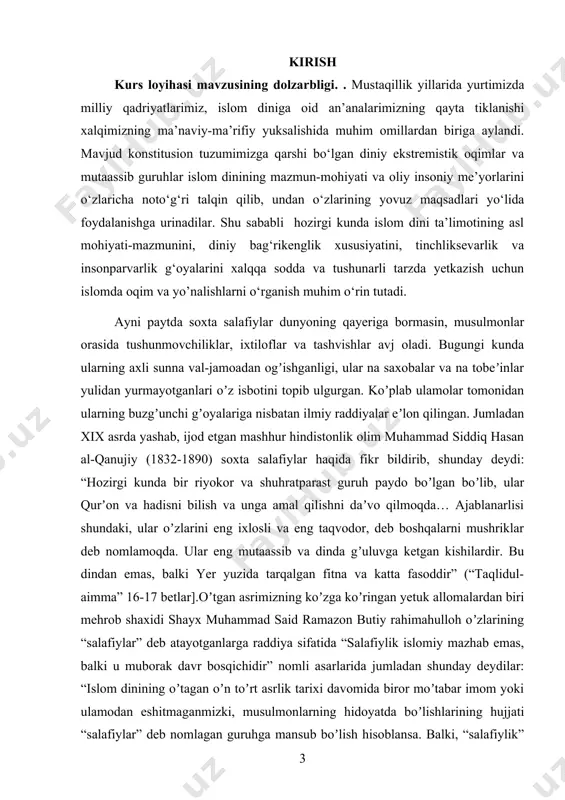 ining maqsad va vazifalari. kurs ishimizning asosiy maqsadi biz tadqiq qilayotgan salafi solihlar va soxta salafiylar, ularning ta’limotlari, firqalarning vujudga kelish sabablarini ilmiy-tahliliy asosda ochib berish kurs ishining maqsadlaridan hisoblanadi. kurs ishi oldiga qo‘yilgan yuqoridagi maqsadlarga erishish uchun quyidagi vazifalarni amalga oshirish belgilandi: - salafi solih va “salafiylar” o’rtasidagi farqlarni tadqiq qilish; - soxta salafiylarning kelib chiqish tarixini o’rganish: - zamonaviy “salafiylar”ning mazhabsizlikni ilgari surishi va uning oqibatlarini o’rganish - zamonaviy “salafiylarning” tavassul va boshqa aqidaviy mavzularga munosabatiga raddiya berishda hanafiy mazhabiga tayanib naqliy va aqliy dalillar asosida isbotlab berish kurs loyihasining ob’yekti va predmeti. kurs loyihasining ob’yekti va predmeti: salafi solihlar; soxta salafiylar tarixi, yo’lboshchilarining qarashlarini yoritib berish hamda tahlil qilish kurs ishining tuzilishi va hajmi. kurs ishi kirish, ikki bob, xulosa, foydalanilgan manba va adabiyotlar ro‘yxatidan iborat. i bob. salafi solih va soxta salafiylar o’rtasidagi farqlar. i.1 salafi solih va “salafiylar” o’rtasidagi farqlar. salafiylik» tushunchasi arab tilidagi «salaf» …