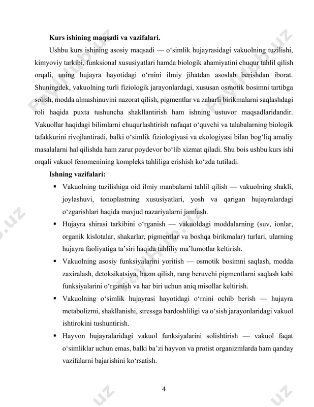 ini o‘rganish orqali hujayraning ekologik va metabolik holati haqida chuqur xulosalar chiqarish mumkin. shuningdek, vakuolning turli fiziologik holatlardagi reaksiyalari, uning ichki muhiti va tashqi muhit bilan aloqadorligi predmet sifatida chuqur tahlil qilinadi. bugungi kunda genetik muhandislik va hujayra madaniyatlari sohasida olib borilayotgan ilmiy-tadqiqotlar vakuollarni o‘rganish orqali o‘simlik organizmlarini stress omillariga chidamli qilish, hosildorlikni oshirish, hamda yangi ozuqaviy va farmakologik xomashyolar yetishtirish imkoniyatlarini kengaytirmoqda. shu bois, vakuolning barcha morfologik va funksional jihatlarini chuqur ilmiy tahlil qilish kurs ishining asosiy predmetini tashkil etadi. kurs ishining obyekti. mazkur ishning obyekti — o‘simlik hujayralari bo‘lib, ular tarkibida mavjud vakuol organoidlari asosiy ilmiytadqiqot va tahlil markaziga aylantirilgan. ayniqsa, vakuolning har xil o‘simlik turlaridagi shakli, miqdori, hajmi, tarkibi va funksional faoliyatidagi farqlarni aniqlash, turli rivojlanish bosqichlarida yoki tashqi muhit omillari ta’sirida qanday o‘zgarishlarga uchrashi tadqiqot obyektining amaliy qamrovini kengaytiradi. obyekt sifatida vakuolni o‘rganish orqali o‘simlik hujayralarining moslashuvchanlik darajasi, suv rejimi, oziqlanish, zaharli birikmalar bilan kurashish mexanizmlari, …