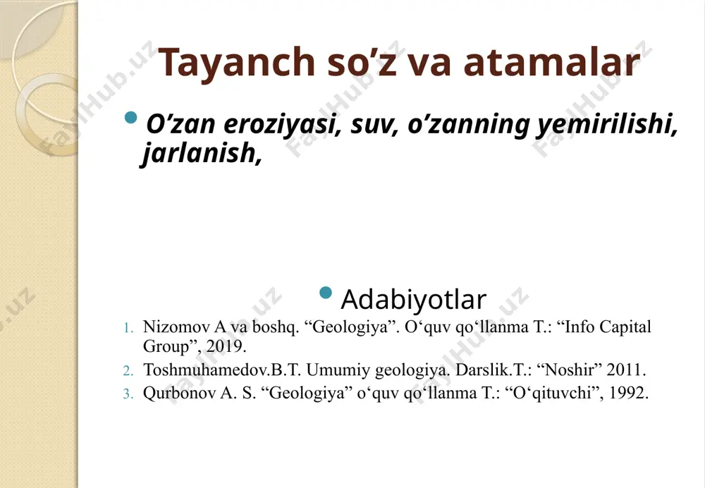 so‘z bo‘lib, «yotqiziq» degan mazmunni beradi. dunyo okeani sathi barcha daryolarning so‘nggi eroziya bazisidir. shu boisdan o‘zan eroziyasi dunyo okeani sathidan quyi nuqtalarda yuz bermaydi. ichki suv o‘zanlari – ko‘l, daryo o‘zanlari esa mahalliy eroziya bazasi hisoblanadi. antetsedent vodiylarning shakllanishi: o‘zan eroziyasi kechayotgan vodiyga perpendikulyar tarzda tog‘ tizmalari shakllanishi tufayli antetsedent vodiylar yuzaga keladi. chunki tektonik harakat tufayli ko‘tarilayotgan tog‘ massivini daryo tabora yemira boradi. tog‘ esa ko‘tarilishda davom etaveradi. ko‘tarilish darajasiga ko‘ra yemirish kuchi shiddatliroq kechishi tufayli, daryo o‘zani yo‘nalishida ikki tomonlama ochiq antetsedent (lotincha antecedo – yoshi ulug‘ demakdir) vodiy yuzaga keladi. turkiston va nurota tizmasi tutashgan nuqta, ya’ni ilono‘tti vodiysi bo‘ylab xuddi shunday antetsedent vodiy shakllangan. demak, bu yerda antetsedent vodiy hosil qiluvchi sangzor daryosi o‘zani, o‘zining yo‘nalishida ko‘tarilgan turkiston tog‘ tizmasiga nisbatan qadimgiroq ekan. yonlama eroziya: o‘zan eroziyasi susaya borgan sari yonlama eroziya kuchaya boradi. natijada daryo vodiysi kengaya boshlaydi. daryo olib kelayotgan yotqiziqlarning o‘zan bo‘ylab …