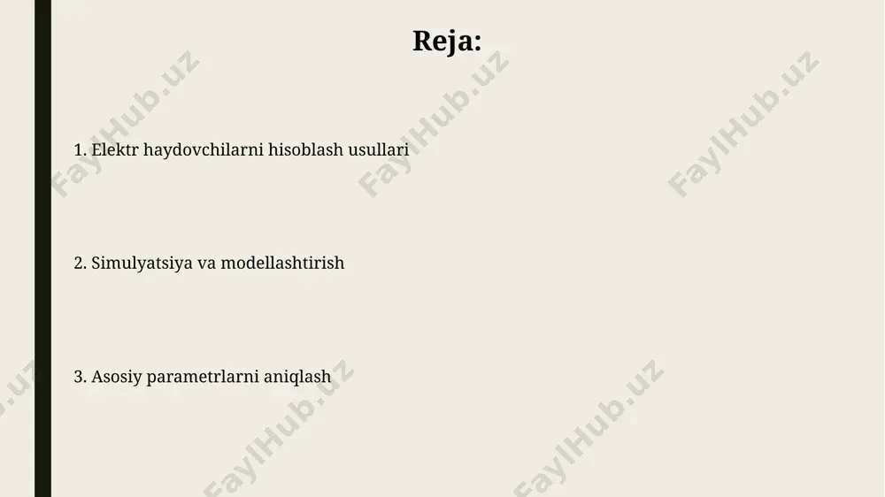 uchun profilaktika ta'mirlashning optimal chastotasini aniqlash, masalan, har 6 oyda yoki 1000 soatdan keyin, ishonchlilikni oshirishga va tamirlash xarajatlarini kamaytirishga yordam beradi. elektr mashinalarining parametrlarini aniqlash usullari doimiy magnitli elektr motorining moment-tezlik xarakteristikasi statik usulda, 0 dan nominal qiymatgacha bo'lgan yuklarda moment va tezlikni o'lchash orqali aniqlanadi. elektr mashinalarining parametrlarini aniqlashda, 3 fazali kuchlanish va tokni o'lchash orqali faza siljishi burchagi va quvvat koeffitsiyentini 0,8 dan 0,95 gacha aniqlash mumkin. elektr haydovchilarining ishlash samaradorligini hisoblash elektr haydovchilarining samaradorligini hisoblashda yo'qotishlarni (mexanik, magnit, elektr) hisobga olish va ularning umumiy quvvatga nisbatini aniqlash muhim, bu 90% dan kam bo'lsa, samaradorlik past deb hisoblanadi. samaradorlikni aniqlashda kirish quvvati (p in ) va chiqish quvvati (p out ) o'rtasidagi nisbat η = p out /p in 100% formuladan foydalaniladi, bu yerda η samaradorlikni ifodalaydi. elektr haydovchilarining issiqlik balansini hisoblash issiqlik balansini to'liq hisoblash uchun kommutatsion yo'qotishlar (vt), mexanik yo'qotishlar (vt) va magnit yo'qotishlar (vt) …