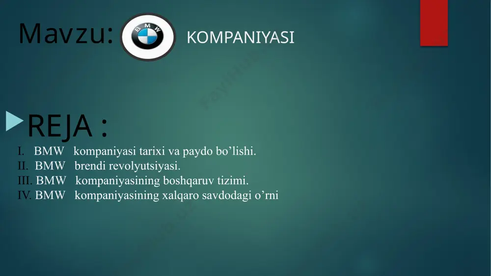 ari bmw'i eslatish uchun ishlatiladi. bmw nomi - bayerische motoren werke, ya'ni "bavariya motor zavodi" - birinchi marta 1917 yilda paydo bo'lgan. bmw kompaniyasi samolyot dvigatellarini ishlab chiqaruvchi va germaniya janubidagi bavariya poytaxti myunxenda joylashgan rapp motorenwerke kompaniyasi nomini o'zgartirish natijasida paydo bo'ldi. kompaniya boshqa nom olgan bo'lsa-da, uning texnik jihozlari, mulki va xodimlari hech qanday o'zgarishlarga duch kelmadi.shunga qaramay, 1917 yil 5 oktyabrda yosh kompaniya o'z logotipini oldi. germaniya reyx savdo belgilari registrida ro'yxatga olingan birinchi bmw logotipi eski rapp logotipining dumaloq shaklini saqlab qoldi, unga ikkita oltin chiziq va "bmw" harflari qo'shildi. shuning uchun logotipning ichki doirasining to'rtta sektori bavariya ranglarida - oq va ko'k rangda qilingan. biroq, o'sha paytdagi qonuniy cheklovlar tufayli ular teskari tartibda joylashtiriladi. tovar belgisi to'g'risidagi qonun tijorat logotiplarida davlat gerblari va boshqa hokimiyat ramzlari elementlaridan foydalanishni taqiqlagan. bmw 1951-yilda urush boshlanganidan beri oʻzining birinchi avtomobilini ishlab chiqarish orqali omon qolganini isbotladi. ushbu avtomobil …