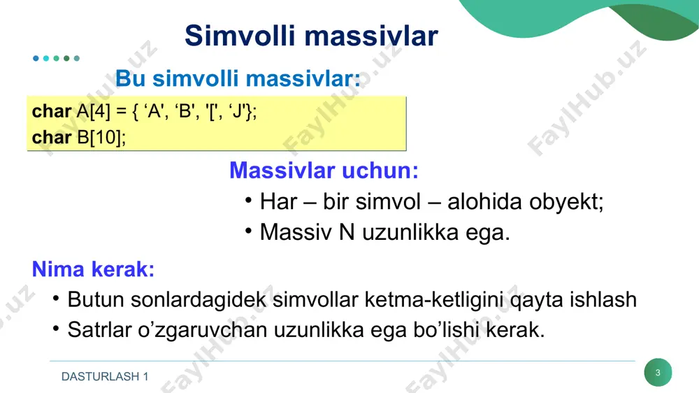 0 1 2 3 \0 ¤ ¤ ¤ ¤ ¤ 0 1 2 3 \0 translator bunday xatolar haqida ma’lumot bermaydi! ! dasturlash 1 simvollarni qidirish * strchr: satr boshidan birinchi simvolni topish strrchr: satrdagi eng оhirgi simvol char q[10] = "abcdabcd"; char *p; int nomer; p = strchr(q, 'b'); if ( p == null ) cout<<“topilmadi ...“ ; else { nomer = p – q; cout<<“simvol raqami “<< nomer ; } q q+1 q+5 p reverse a b c d a b c d \0 ¤ 0 1 2 3 4 5 6 7 8 9 dasturlash 1 qism satrni qidirish * strstr: satr boshidan birinchi qism satrni topish char q[10] = "abcdabcd"; char *p; int nomer; p = strstr(q, "bcd"); if ( p == null ) cout<<“topilmadi...“ ; else { nomer = p – q; cout<<“birinchi simvolni topish “<< nomer ; } q q+1 q+5 p a b …