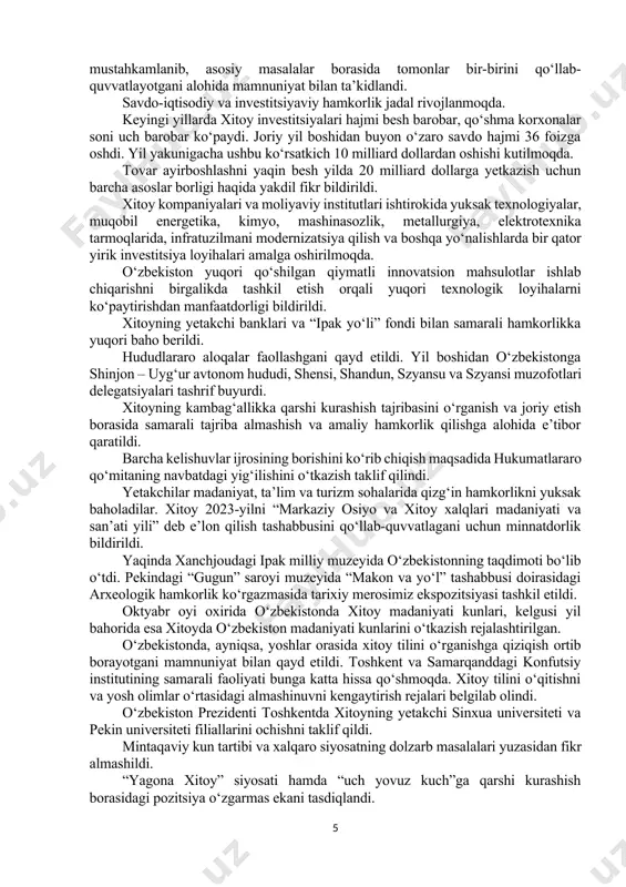 h anjuman qatnashchilariga videomurojaat yo‘lladi. forumda so‘zga chiqqan butunjahon turizm tashkiloti (yunvto) bosh kotibi zurab pololikashvili bosh assambleyaning 25-yubiley sessiyasi samarqandda yuksak saviyada tashkil etilganini ta’kidladi va buning uchun o‘zbekiston rahbariyatiga minnatdorlik bildirdi. davlatimiz rahbari “buyuk ipak yo‘li” xalqaro turizm majmuasida tashkil etilgan o‘zbekistonning sayyohlik salohiyati ko‘rgazmasi bilan tanishdi. ko‘rgazmada mamlakatimiz 14 hududining turizm va investitsiyaviy salohiyati namoyish etilgan. zomin, chorvoq, chimyon kabi xushtabiat go‘shalarning turistik-rekreatsion imkoniyatlari, turizm qishloqlarining manzaralari, eko va ekstremal sayohat manzillari haqida ma’lumotlar jamlangan. turizm qo‘mitasi, “o‘zbekiston temir yo‘llari”, “o‘zbekiston aeroportlari” va “o‘zbekiston vertolyotlari” kabi stendlar tashkil qilingan. shuningdek, markaziy osiyo davlatlarining turizm salohiyati, xorijiy hamkorlar ishtirokidagi startap loyihalar ham taqdim qilingan. umuman, ko‘rgazmada jami 2 milliard dollarlik istiqbolli loyihalar investorlarga taqdim etiladi. davlatimiz rahbari butunjahon turizm tashkiloti bosh kotibi zurab pololikashvili bilan birga ekspozitsiyalarni ko‘zdan kechirdi. hududlardagi diqqatga sazovor manzillar atrofida turizm maskanlari barpo etib, qulayliklarni kengaytirish, investorlar bilan aniq loyihalarni shakllantirish yuzasidan mutasaddilarga ko‘rsatmalar …