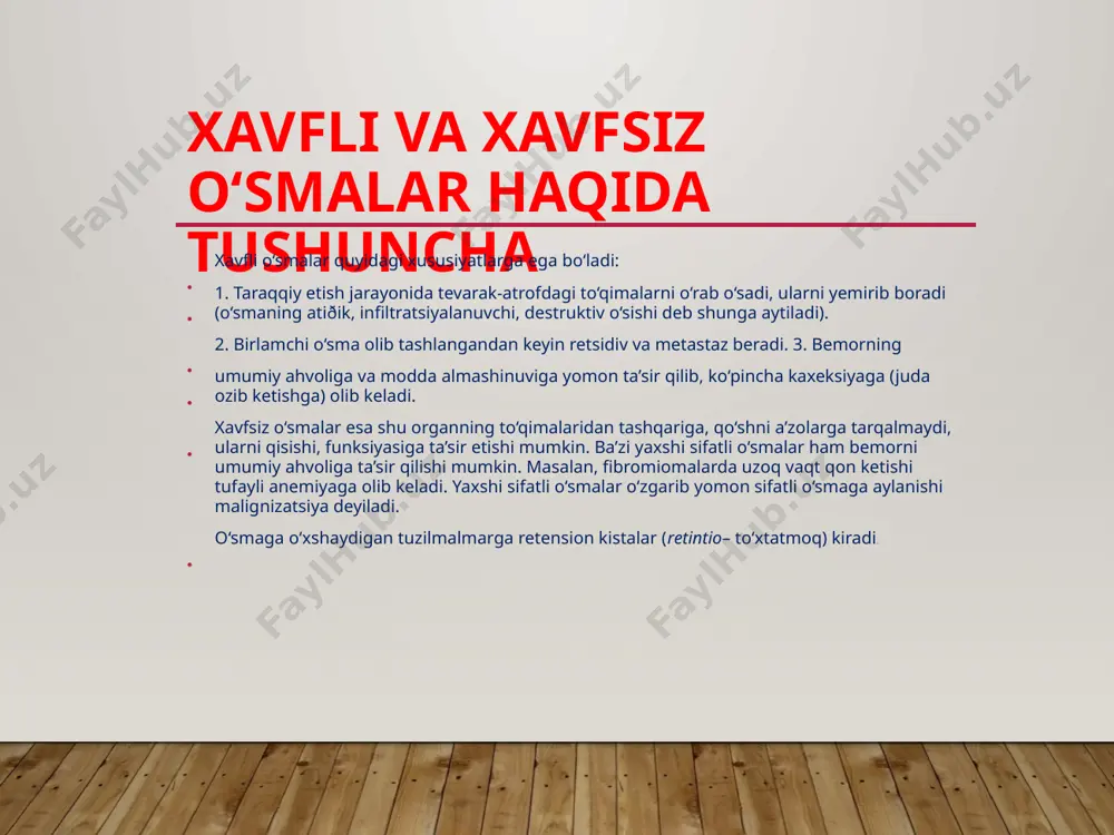 bo‘lib, u seroz, mushak va shilliq qavatlarga, teriga, suyakusti pardasiga, hatto suyak to‘qimasiga ham o‘sib kiradi. endometrioz pufakchasi yorilganda a’zoning hamma qismlariga qon, limfa yo‘llari orqali tarqalishi kuzatiladi. ginekologik kasalliklar orasida endometrioz 8–30% hollarda uchraydi. k l i n i k a s i endometriozning qaysi sohada joylashganligiga bog‘liq. endometriozning asosiy va doimiy belgilaridan biri –og‘riqdir. bemor qorinning pastki sohasida va belida kuchsiz, uzoq davom etadigan og‘riqdan, hayz sikli davrida og‘riqlar kuchayganligidan shikoyat qiladi. og‘riq hayz kunlaridan oldin paydo bo‘lib, kuchayib hayz kunlari va undan keyin ham bemorni bezovta qiladi. bu og‘riqlar endometrioz o‘chog‘idagi bez to‘qimalarning bo‘rtishi, to‘qimalarning ichi berk bo‘shliqlarida suyuqlikning to‘planishi natijasida kelib chiqadi. bachadon endometriozi hayz siklining buzilishiga, qo‘shni a’zolardan – to‘g‘ri ichak, siydik chiqarish yo‘llari faoliyatining buzilishiga olib keladi. shunga ko‘ra, ayol siyish vaqtida og‘riqlar bo‘lishidan, tez-tez siyishidan shikoyat qiladi. endometrioz bilan kasallangan a’zo hayz ko‘rish oldidan kattalashganini va hayzdan so‘ng yana dastlabki hajmda bo‘lishi kuzatiladi. …