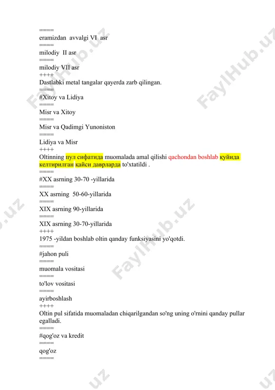++ pulning metallik nazariyasi qanday tuzumda vujudga kelgan? ==== #natural - feodal tuzumida ==== quldorchilik tuzumida ==== kapitalistik tuzumida ==== sotsialistik tuzumda ++++ pulning nominal nazariyasi qanday davrlarda vujudga kelgan? ==== #xvii - xviii asrlarda ==== xvi - xvii asrlarda ==== xiv - xv asrlarda ==== xv - xvi asrlarda ++++ pulning nominal nazariyasi davrini shakllanishiga qanday omillar ta'sir qilgan? ==== #muomalaga тўла қийматли бўлмаган haqiqiy bo‘lmagan metall pullar kiritilganda ==== muomalaga qog‘oz pullar kiritilganda ==== muomalaga kumush va oltin tangalar kiritilganda ==== muomalaga banknotalar va monetalar kiritilganda ++++ nominal pul nazariyasi tarafdorlarining фикрининг асосида нима ётади? kamchiligi nimada? ==== #pulning qiymatini davlat belgilashini e'tirof etishida ==== oltinni haqiqiy qiymat sifatida e'tirof etishida ==== kumushni to‘lov vositasi sifatida e'tirof etmaydi ==== qog‘oz pullar qiymati talab va taklif asosida belgilashini e'tirof etishida ++++ bozor iqtisodiyoti sharoitida pulning sotib olish qobiliyati: ==== #- talab va taklif asosida belgilanadi; ==== - tovar va …