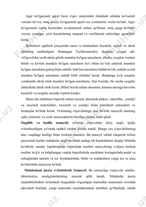 agi ish harakatlarini farqlay bilishda ko'nikish, amaliy topshiriqlarni bajarishda mazkur tamoyilning u.ilijasi mehnat usullari to'g'ri va belgilangan vaqtda bajarilishida mashlarni boshqarishda pedal va richaglardan unumli va tez foydalanishda, bilim va malakalarni yangi tez va aniq ko'chirishda namoyon bo'ladi. malakalami puxta o'zlasbtirish 1tamoуil. bu tamoyilga o'qituvchi amaliy-laboratoriya mashg'ulotlarining nazorat qilib turadi. malakalar puxta rejalashtirilishini ta'minlash maqsadida o'rganilgan matreallar muntazam ravishda takrorkab boriladi, yangi matrealni muslahkamlash tartiblari qo'llaniladi, ishlab chiqarish ta'lim jarayonida quyidagicha amalga oshiriladi: - mutaxassislikni mustahkam egallash maqsadida mehnat usullarini ko'p marta takrorlash; -mashinalar haydashni o'rgatish vaqtida o'quvchilarning turli malakalarini mustaqil egallashlariga ahamiyat berish; - o'quvchilarda texnik adabiyot va ma’lumotnomalardan foydalanish ko'nikmalarmi hosil qilish; - malakalarni shakllantirishda oddiy mashqlardan murakkab mashqlarga o'tish va darslarni ishlab chiqarishga yaqin sharoitda olib borish. наr bir o'quvchiga yakka tartibda munosabatda bo'lish uslubi о 'quvchilarni har tomonlama о'rgatishini, ularga о'z vaqtida yordam berishni, ularning tashabbuskorligi va ijodiy qobiliyati namoyon bo'ladigan shart-sharoit yaratishni talab qiladi. наг …
