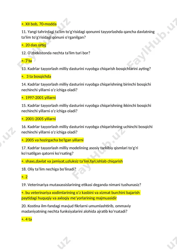 ishning uchinchi bosqichi nechinchi yillarni o'z ichiga oladi? +. 2005 va hozirgacha bo'lgan yillarni 17. kadrlar tayyorlash milliy modelining asosiy tarkibiy qismlari to'g'ri ko'rsatilgan qatorni ko'rsating? +. shaxs,davlat va jamiyat,uzluksiz ta’lim,fan,ishlab chiqarish 18. oliy ta’lim nechiga bo'linadi? +. 2 19. veterinariya mutaxassislarining etikasi deganda nimani tushunasiz? +. bu veterinariya xodimlarining o‘z kasbini va xizmat burchini bajarish paytidagi huquqiy va axloqiy me’yorlarining majmuasidir 20. kostina ilm-fandagi mavjud fikrlarni umumlashtirib, ommaviy madaniyatning nechta funksiyalarini alohida ajratib ko‘rsatadi? +. 4 ta 21. vrachlar emblemasining ma’nosini bilasizmi? +. boshqalarga yorug‘lik berib,o‘zim yonaman 22. ulug‘ rus yozuvchisi, vrach a.p.chexovning vrachga shahsiga bergan tarifini aniqlang? +. vrachlik kasbi-qahramonlikdir 23. qachondan boshlab institutimiz bitiruvchilari “veterinariya vrachi qasamyodi” ni qilmoqda? +. 2017 yildan 24. veterinariya kasb etikasi fanini o'qitishdan maqsad nima? +. kasal hayvonlar, ularning egalari va veterinariya vrachlari o‘rtasidagi har xil kelishmovchiliklarni bartaraf etish 25. hayvonlar anatomiyasi kafedrasi qachon tashkil etilgan? +. 1930 yilda 26. hayvonlar anatomiyasi …