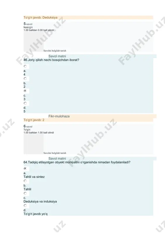 oʻgʻri javob: faoliyatni bilish va boshqa shakllarini boshqaruvdan iborat 17-savol to'g'ri 1.00 balldan 1.00 ball olindi savolni belgilab turish savol matni 65.tahlil natijasi asosida belgilarni muhimligini haqidagi fikrlar darajasi qiymati aniqlanadi va bu nima deyiladi? a. induksiya b. konjordatsiya koeffitsiyenti c. deduksiya d. sintez fikr-mulohaza toʻgʻri javob: konjordatsiya koeffitsiyenti 18-savol noto'g'ri 1.00 balldan 0.00 ball olindi savolni belgilab turish savol matni 5…… bu tabiat va jamiyat qonunlarining tushunishgagina emas, balki unga faol ta’sir etuvchi g‘oyalar to‘plami. a. ijod b. to‘g ‘ri javob yo‘q c. nazariya d. gipoteza fikr-mulohaza toʻgʻri javob: nazariya 19-savol noto'g'ri 1.00 balldan 0.00 ball olindi savolni belgilab turish savol matni 28. fundamental va amaliy tadqiqotlar necha bisqichdan iborat? a. 5 b. 6 c. 4 d. 8 fikr-mulohaza toʻgʻri javob: 6 20-savol noto'g'ri 1.00 balldan 0.00 ball olindi savolni belgilab turish savol matni 44.matematik modellarni olish uchun qanday usullari mavjud? a. barcha javoblar to‘g‘ri b. analitik, algaritmik c. …