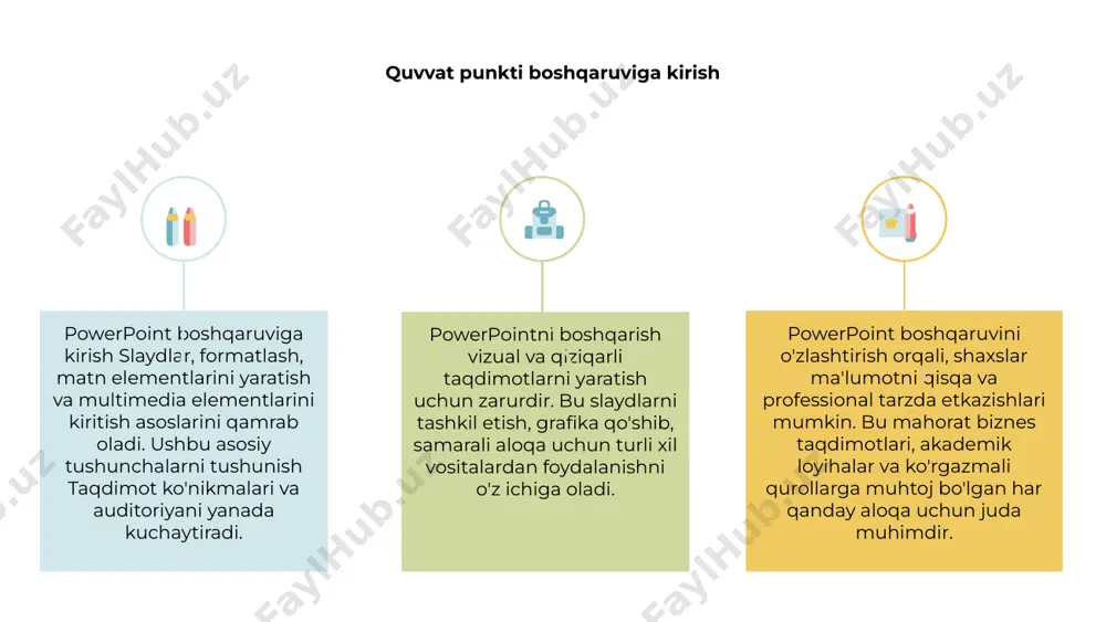 vchilarni jalb qilish uchun kuchli dizayn elementlaridan foydalanishni o'rganishingiz mumkin. elektr punktida animatsiyalar va o'tish joylarini ishlatish 1 2 3 powerpoint menejmenti taqdimotlarni kuchaytirish uchun animatsiyalar va o'tishlarni samarali ravishda ishlatishni o'z ichiga oladi. ko'zni qamashtiradigan animatsiyalarni o'z ichiga olgan holda, taqdimotchilar tomoshabinlarni jalb qilishlari va ma'lumotni qiziqarli tarzda etkazishi mumkin. powerpointdagi animatsiyalar statik slaydlarni, tarkibni yanada dinamik va unutilmas holga keltiradi. o'tishlar bir slayddan ikkinchisiga siljitishga yordam beradi, birlashuvchan oqimni yaratadi va tinglovchilarning e'tiborini qaratdi. powerpoint-da animatsiya va o'tish san'atini o'zlashtirish orqali taqdimotchilar taqdimotlarini keyingi bosqichga ko'tarishlari mumkin. ushbu vositalar ijodiy hikoyalarni, asosiy fikrlarni ta'kidlab, vizual taqdimotni taqdim etishga imkon beradi. elektr punktida multimedia elementlarini kiritish 1 2 3 2 elektr punktida multimedia elementlarini o'z ichiga olgan holda taqdimotlarni takomillashtirishning kuchli usulidir. rasmlar, videolar va audio tarkibni tinglovchilarga ko'proq jalb qilish va ta'sir qilishi mumkin. 1 multimedia elementlaridan to'g'ri foydalanish bilan siz murakkab ma'lumotni yanada samarali etkazishga vizual ravishda …