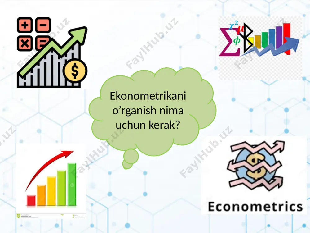 grilixes «...bizni o‘rab turgan iqtisodiy dunyoni o‘rganish uchun bir vaqtning o‘zida bizning teleskopimiz hamda mikroskopimizdir» e. malenvo «...bizning hayoliy iqtisodiy tasavvurlarimizni empirik mazmun bilan to‘ldiradi» s. fisher «...iqtisodiy o‘zgaruvchilar o‘rtasida o‘zaro aloqalarni o‘lchash uchun statistik usullarni ishlab chiqish va qo‘llash bilan shug‘ullanadi» s. ayvazyan «...sifat jihatdan o‘zaro bog‘lanishlarga miqdoriy ifodani berishga imkon beruvchi usullar va modellar to‘plamini birlashtiradi» ekonometrikaning maqsadi- bu real iqtisodiy obyektlarni modellashtirish va miqdoriy tahlil qilishning usullarini ishlab chiqishdan iborat. ekonometrikaning vazifalari: modelni spetsifikatsiya qilish - empirik tahlil uchun ekonometrik modellarni tuzish. modelni parametrlashtirish - tuzilgan model parametrlarini baholash. modelni verifikatsiya qilish - model parametrlari sifatini va butun modelning o‘zini tekshirish. model asosida prognoz qilish - ekonometrik modellashtirish natijalari bo‘yicha aniq iqtisodiy hodisalar uchun prognozlar tuzish va tavsiyalar ishlab chiqish. ekonometrikaning metodologiyasi an’anaviy ekonometrik metodologiyalar quyidagi yo‘nalishlarda olib boriladi: nazariya yoki gipotezaning qo‘yilishi. nazariyaning matematik modelini aniqlashtirish. statistik yoki ekonometrik modelni aniqlashtirish. ma’lumotlarni to‘plash. ekonometrik model parametrlarini …