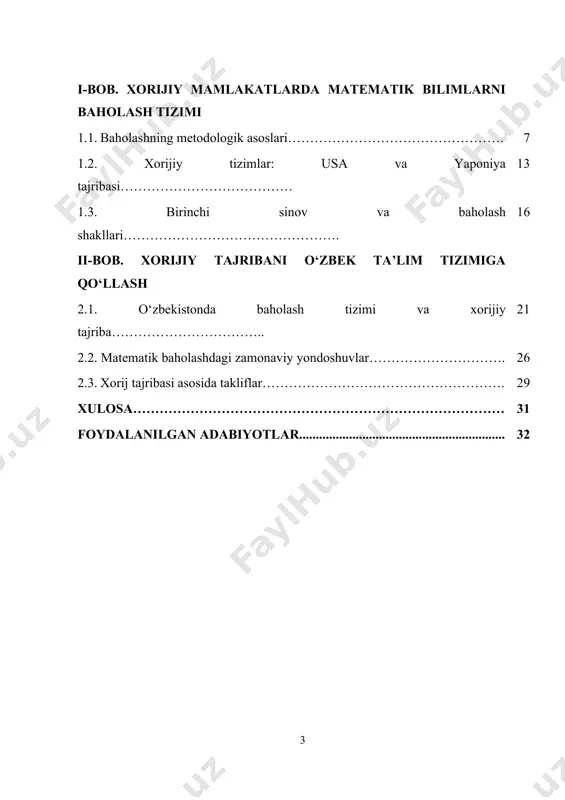 sh va muammolarni hal qilish qobiliyatlarini rivojlantirishga xizmat qiladi. ayniqsa, matematika fani o‘quvchilarda aniq va tizimli fikrlashni shakllantirishga yordam beradi, shu bilan birga, u boshqa fanlarni o‘zlashtirishga ham asos bo‘lib xizmat qiladi. shunday qilib, matematik bilimlarni baholash tizimi ta’lim jarayonining samaradorligini oshirishda markaziy o‘ringa ega. bugungi kunda ta’lim tizimi va uning baholash usullari jiddiy o‘zgarishlarga duch kelmoqda. xalqaro tajriba va texnologiyalarni qo‘llash orqali ta’limni yanada rivojlantirishga harakat qilinmoqda. xorijiy mamlakatlarda matematik bilimlarni baholash tizimi, asosan, zamonaviy texnologiyalarni, innovatsion baholash usullarini, test tizimlarini va interaktiv metodlarni qo‘llashga yo‘naltirilgan. misol uchun, aqsh va yevropada o‘quvchilarning bilim darajasini baholashda kompyuter tizimlari, onlayn testlar, diagnostika metodlari keng qo‘llaniladi. bunday tizimlar nafaqat o‘quvchilarning individual bilim darajasini aniqlash, balki ular o‘qituvchilar va ta’lim tashkilotlari uchun samarali feedback mexanizmlarini yaratish imkonini beradi. o‘zbekistonda ta’lim tizimi modernizatsiya qilinmoqda, va bu jarayon matematika ta’limini ham o‘z ichiga oladi. biroq, o‘zbek ta’lim tizimida matematik bilimlarni baholash usullarini jahon tajribasiga moslashtirish …