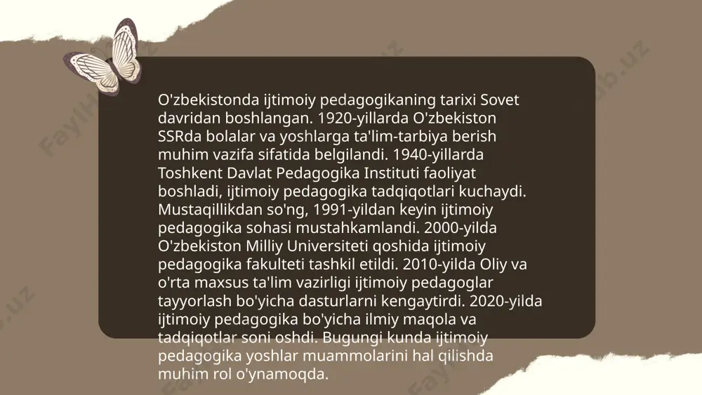 ... t.me/slaydai_bot ijtimoiy pedagoglar uchun malaka oshirish dasturlari oʻzbekistonda pedagogik kadrlarning kasbiy mahoratini oshirishga qaratilgan. har yili mingdan ortiq ijtimoiy pedagog malaka oshirish kurslarida ishtirok etadi. ushbu dasturlar 20 dan ortiq soatlik nazariy va amaliy mashgʻulotlarni oʻz ichiga oladi. kurslar davomida zamonaviy pedagogik texnologiyalar, konfliktologiya, psixodiagnostika kabi mavzular oʻqitiladi. malaka oshirish markazlari toshkent, samarqand, va buxoro kabi shaharlarda faoliyat yuritadi. dastur oxirida ishtirokchilar sertifikat oladi, bu esa ularning professional oʻsishiga hissa qoʻshadi. dasturlar davlat va xususiy tashkilotlar tomonidan moliyalashtiriladi. o'zbekistonda ijtimoiy pedagogikaning rivojlanishi prip 515-guruh talabasi azimova nasiba muxitdinovna e'tiboringiz uchun raxmat! image1.png image2.png image3.png /docprops/thumbnail.jpeg