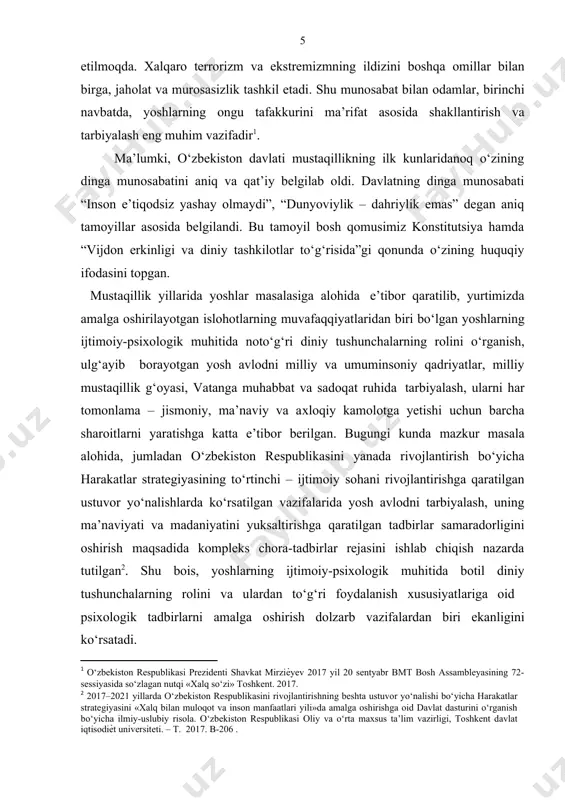 : 2017–2021 yillarda o‘zbekiston respublikasini rivojlantirishning beshta ustuvor yo‘nalishi bo‘yicha harakatlar strategiyasini «xalq bilan muloqot va inson manfaatlari yili»da amalga oshirishga oid davlat dasturini o‘rganish bo‘yicha ilmiy-uslubiy risola. o‘zbekiston respublikasi oliy va o‘rta maxsus ta’lim vazirligi, toshkent davlat iqtisodiѐt universiteti. – t. 2017. b-206 . ] mazkur tadqiqot ishi ma’lum darajada о‘zbekiston respublikasi prezidentining 2017-yil 7-fevraldagi pf–4947-son «о‘zbekiston respublikasini yanada rivojlantirish bо‘yicha harakatlar strategiyasi tо‘g‘risida»gi farmoni va 2016 yil 14 sentabrdagi о‘rq–406- son «yoshlarga oid davlat siyosati tо‘g‘risida»gi qonunida belgilangan vazifalarni amalga oshirish uchun xizmat qiladi. bitiruv malakaviy ishining о‘rganilganlik darajasi: yoshlarda botil diniy tushunchalarning shakllanishining ijtimoiy- psixologik xususiyatlarini nazariy va empirik tadqiq etishni tashkil etishda, mazkur tadqiqot ishi doirasida – s.moskovichi tomonidan ishlab chiqilgan shaxsning ijtimoiy bir xilligi sifatidagi diniy bir xillik konsepsiyasi, i.s.shemetning ruhiyatga integrativ yondashuv metodologiyasi, g.olport[footnoteref:3] taklif etgan dinning «kо‘p omilli» psixologik ildizlari nazariyasi, a.g.asmolov, g.l.bardiyer, g.u.soldatova kabi olimlar tomonidan ishlab chiqilgan shaxslararo munosabatlarda tolerantlikni tadqiq …