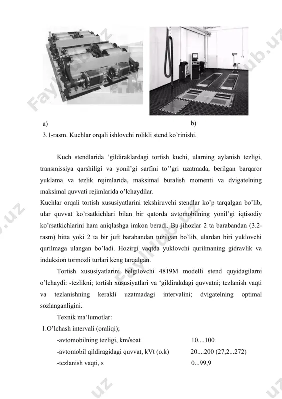 muftadan, ko’targich, yuklamali va sozlash uskunadan iborat. avtomobil pnevmatik yuritmali ko’targich yordamida ‘gildiraklari bilan stend roligiga qo’yilgandan keyin, avtomobil dvigateli yurgiziladi va avtomobilning yetaklovchi ‘gildiraklari stend roliklarini 40 km(soat tezlikkacha aylantiradi. avtomobil ‘gildiraklaridagi aylantiruvchi moment oldingi yetaklovchi rolikka, so’ngra egiluvchan mufta orqali yuklovchi qurilmaga uzatiladi. elektrdinamik yuklovchi qurilmaga uzatilgan elektr toki teskari aylanuvchi momentni hosil kiladi, bu esa stend boshqarmasidagi pultda qayd etiladi va kuch o’lchovchi qurilmada o’lchanadigan avtomobil tortuvchi ‘gildiraklarida yuklanishni hosil kiladi. avtomobilning rolikli stendga erkin kirishi va chiqishi yetaklovchi va yetaklanuvchi roliklar orasiga o’rnatilgan pnevmatik ko’targich orqali amalga oshiriladi. ikki tomonlama ko’taruvchi asbob oqirligi 1,6 tonnagacha bo’lgan yukni 0,6 mpa bosim bilan ko’tarish xususiyatiga ega. ko’targich boshqaruv pultida joylashgan tumblerlar orqali ishga tushiriladi. havo taqsimlagichda joylashgan elektromagnit, tumbler orqali ishga tushiriladi va u siqilgan havo oqimini silindrning pastki bo’shliqiga uzatishni ulaydi (maydonchaning tushirilishi). maydoncha tushirilayotganda pastki bo’shliqdagi havo taqsimlagich zolotnigi orqali atmosferaga chiqib ketadi. ko’targichni yuqori holatga …